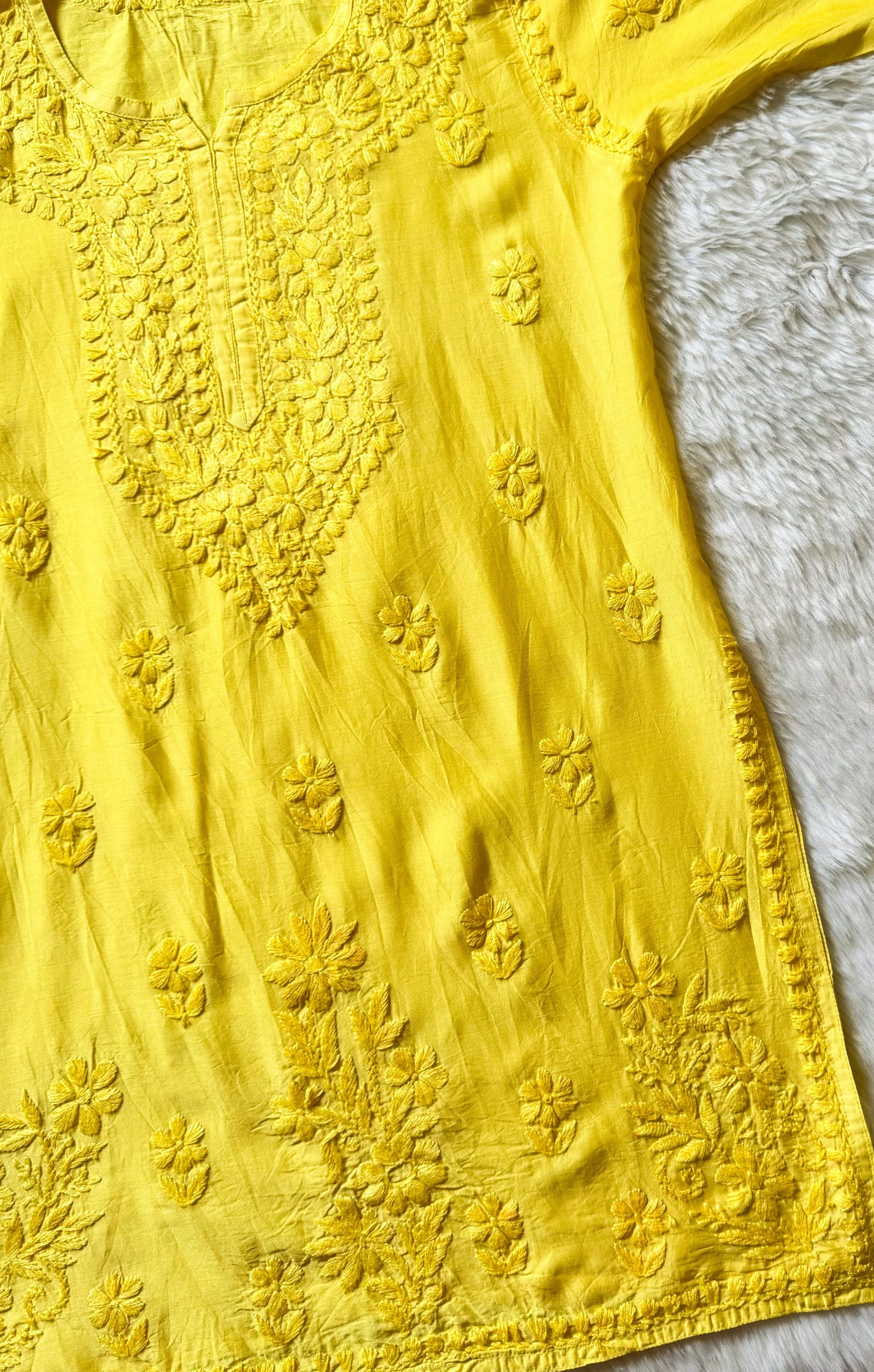 Maahi Yellow Short Chanderi Chikankari Kurti