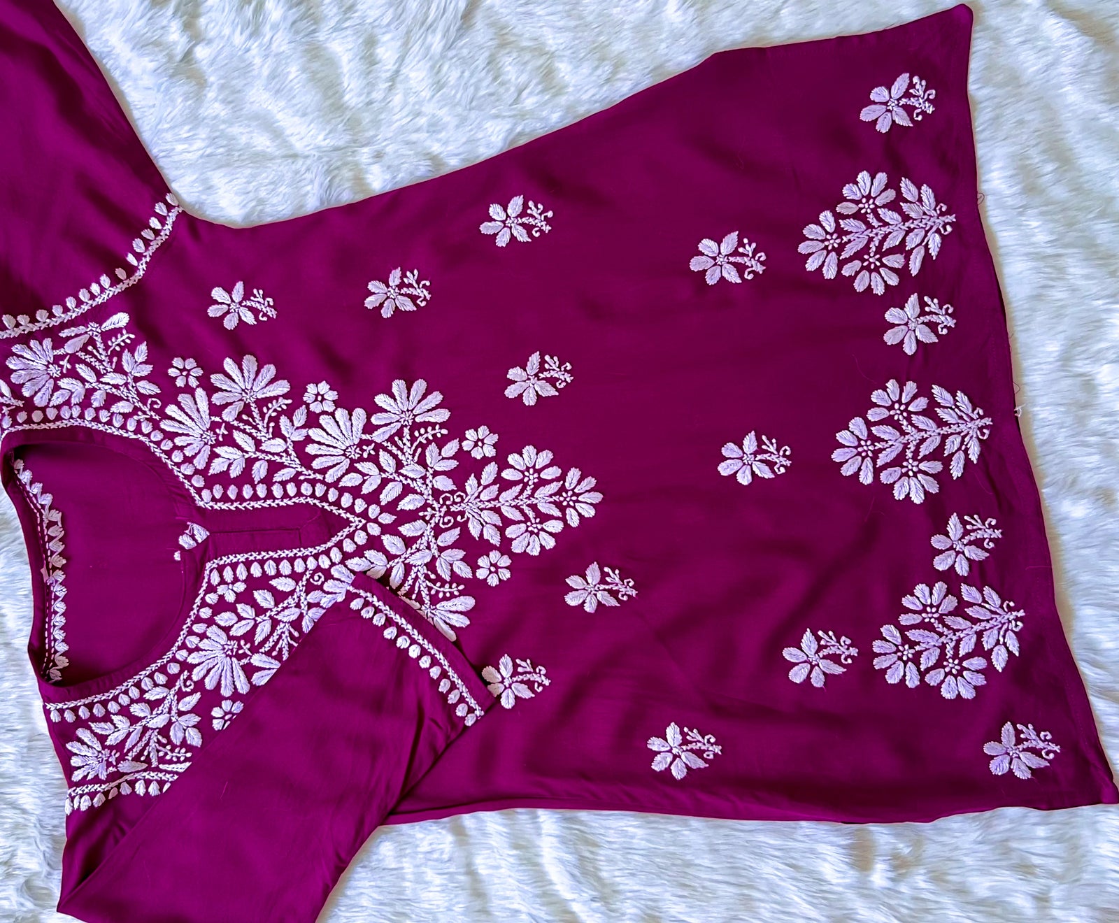 Magenta Short Rayon Kurta with White Chikankari