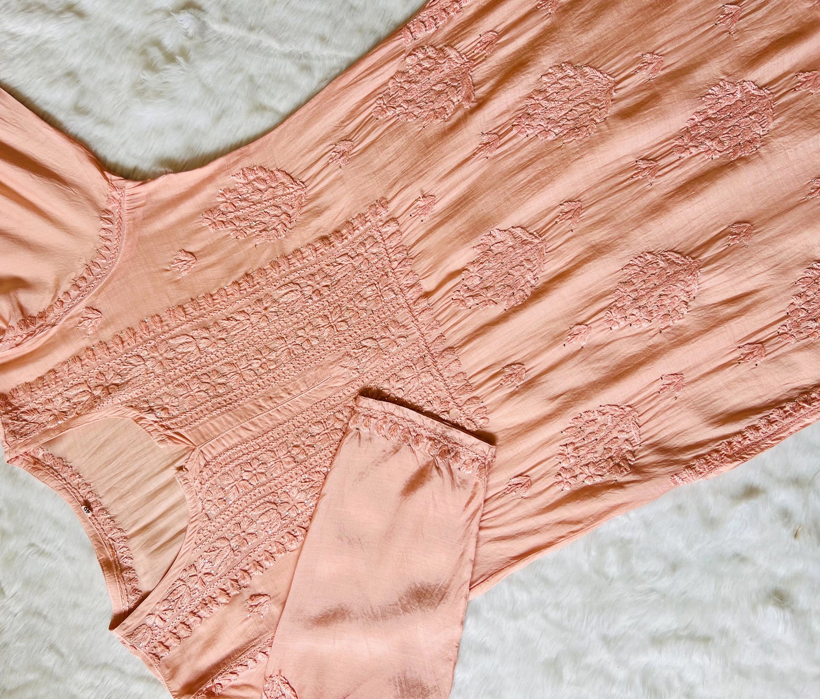 Maha Peach Muslin Kurta with Mukesh & Chikankari Handwork