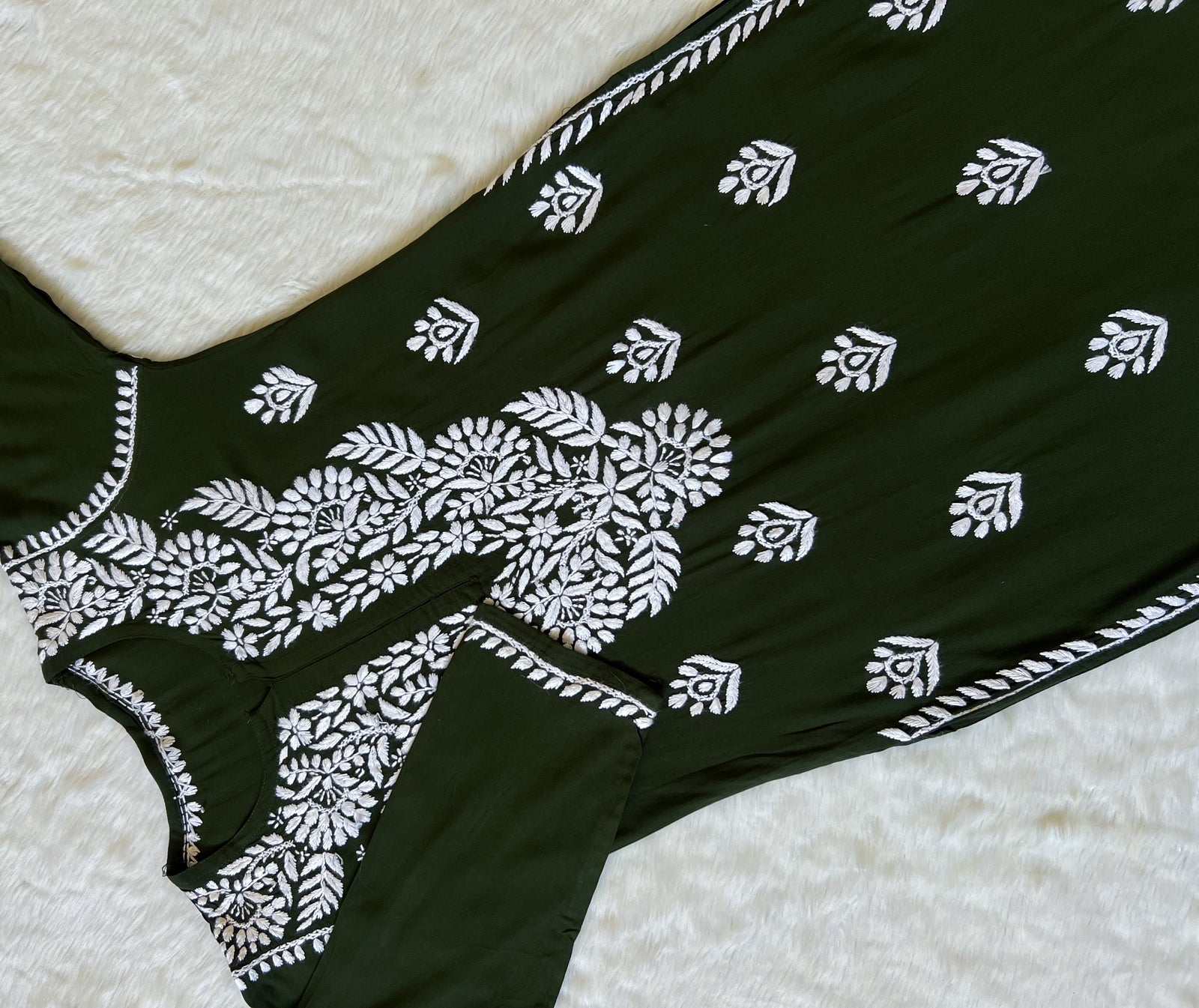 Mahi Forest Green Long Rayon Chikankari Kurta