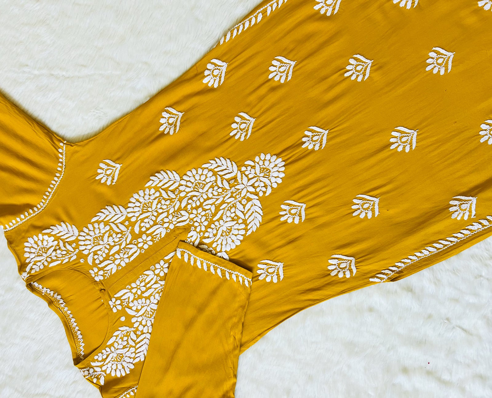 Mahi Mustard Long Rayon Chikankari Kurta