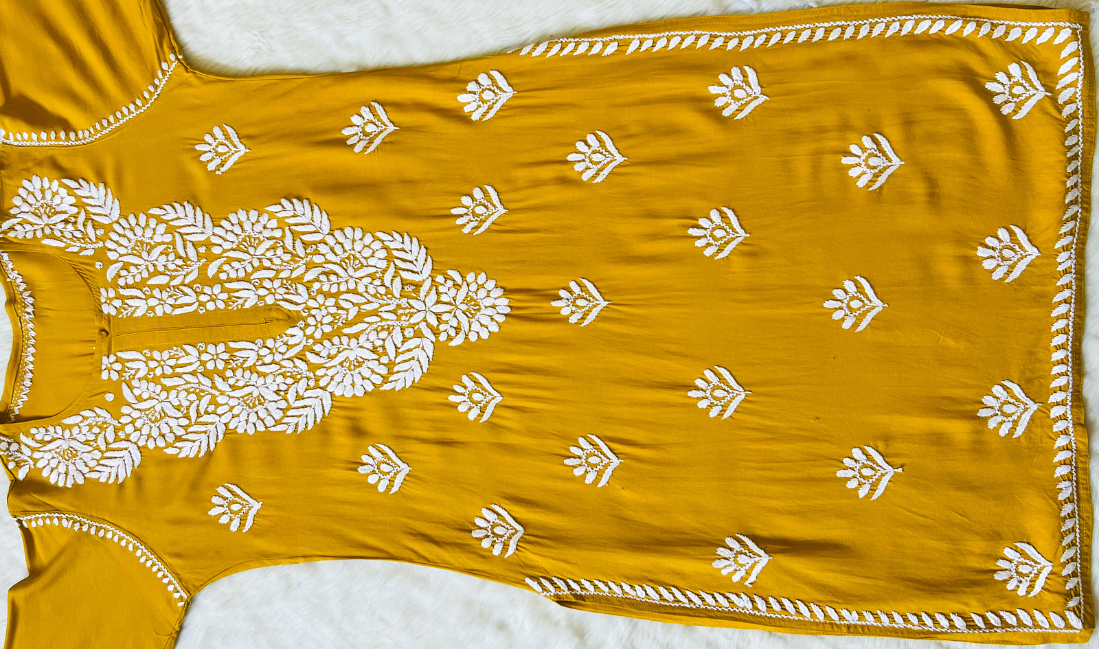 Mahi Mustard Long Rayon Chikankari Kurta