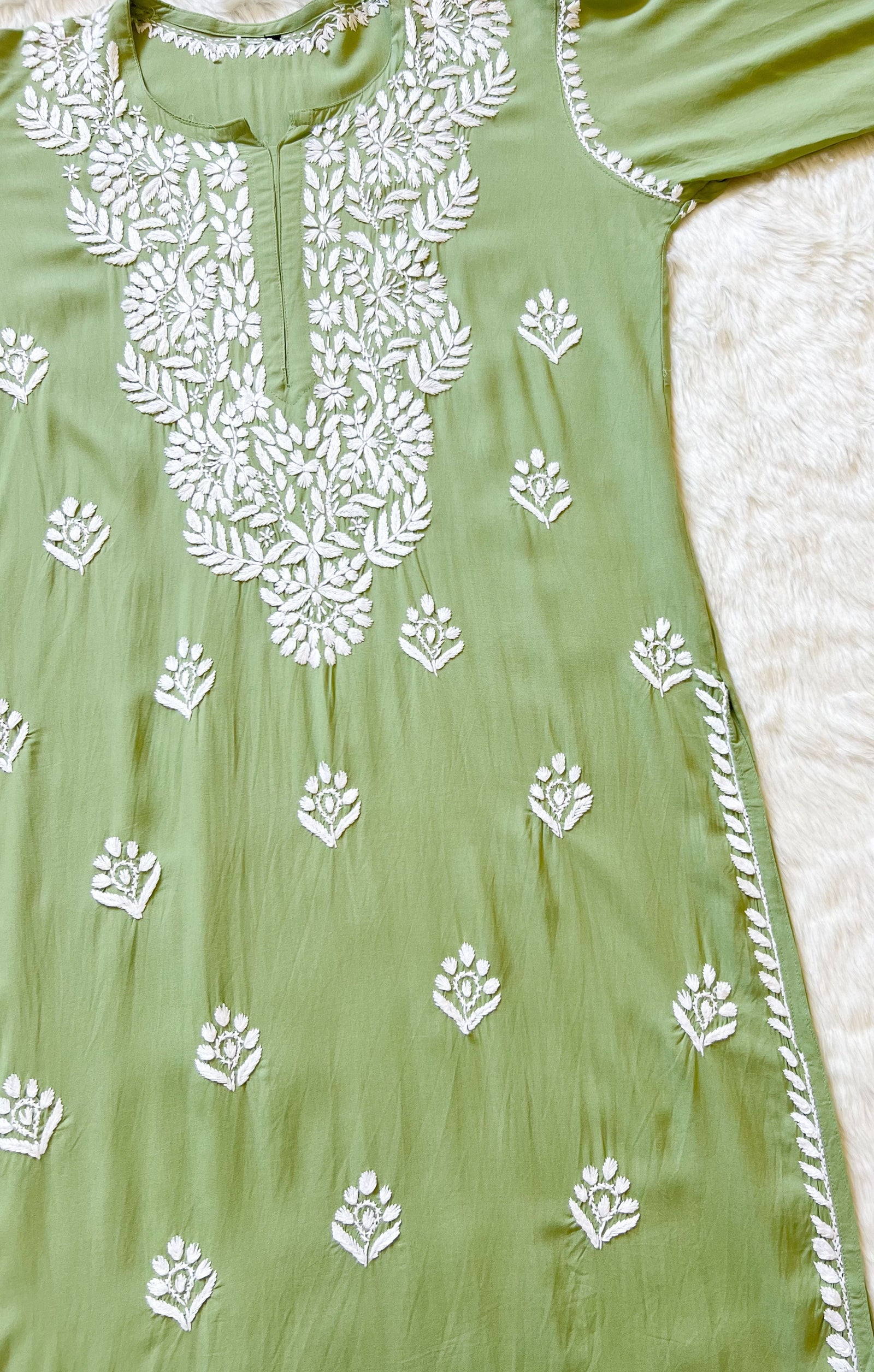 Mahi Pista Green Long Rayon Chikankari Kurta