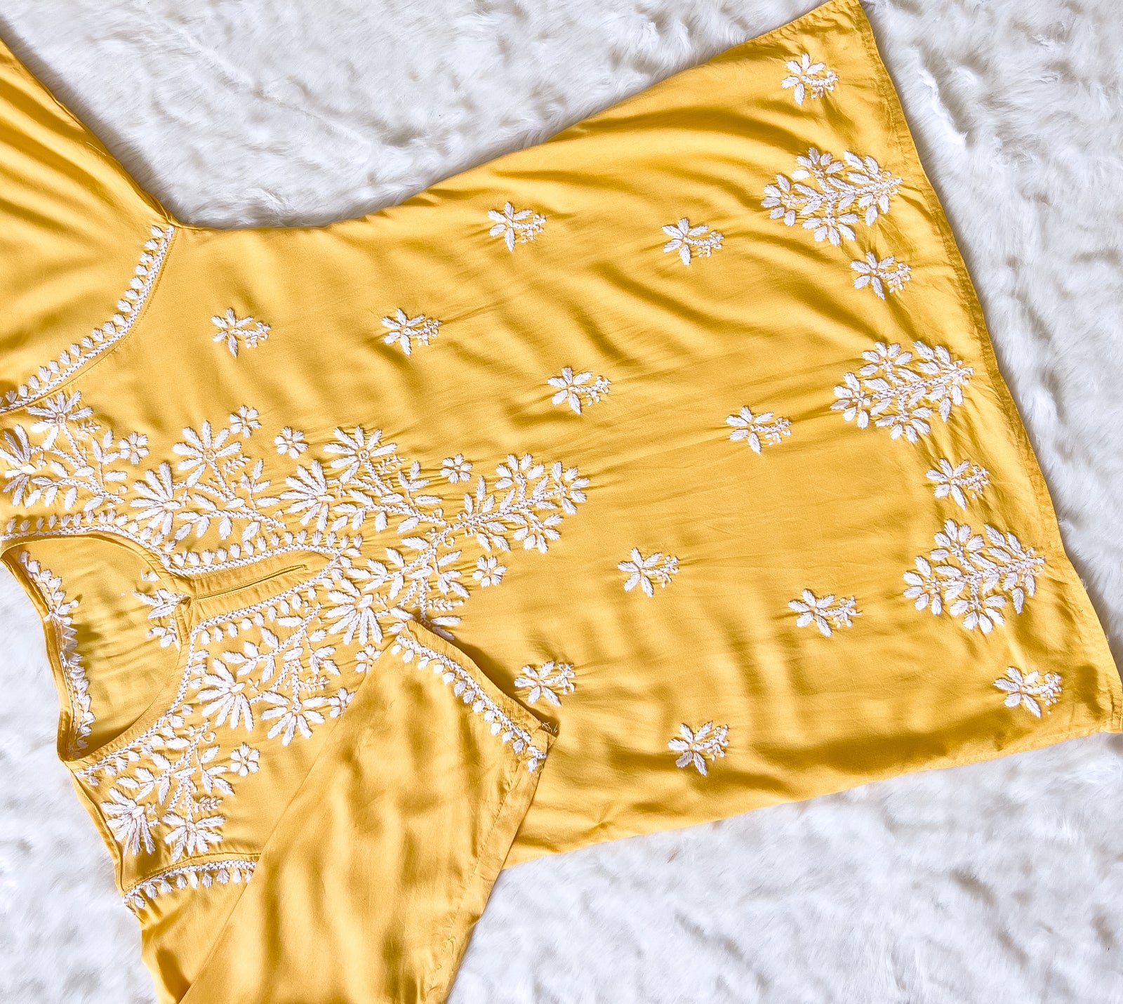 Mango Yellow Short Rayon Kurta with White Chikankari