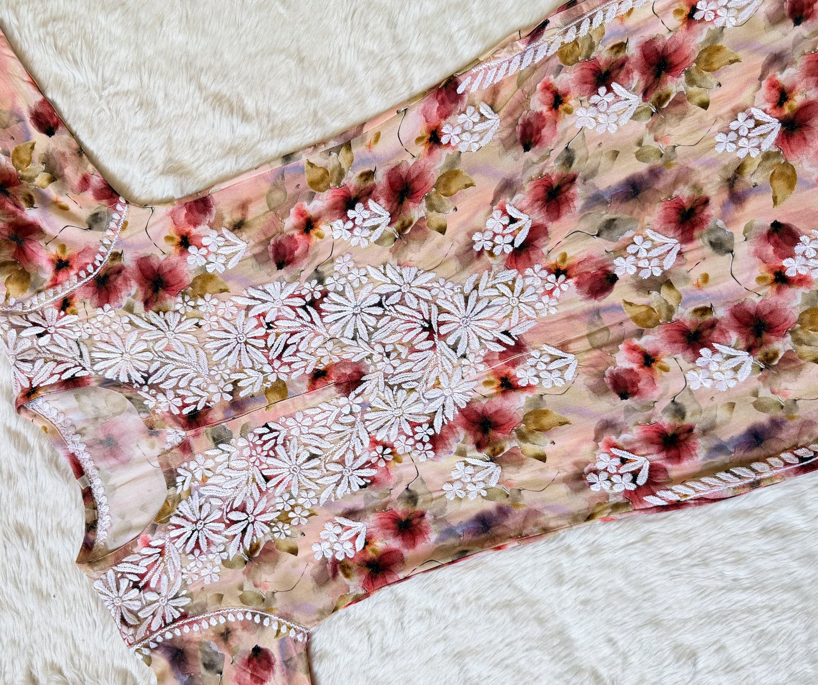 Mehr Blush Pink Rayon Printed Chikankari Kurti