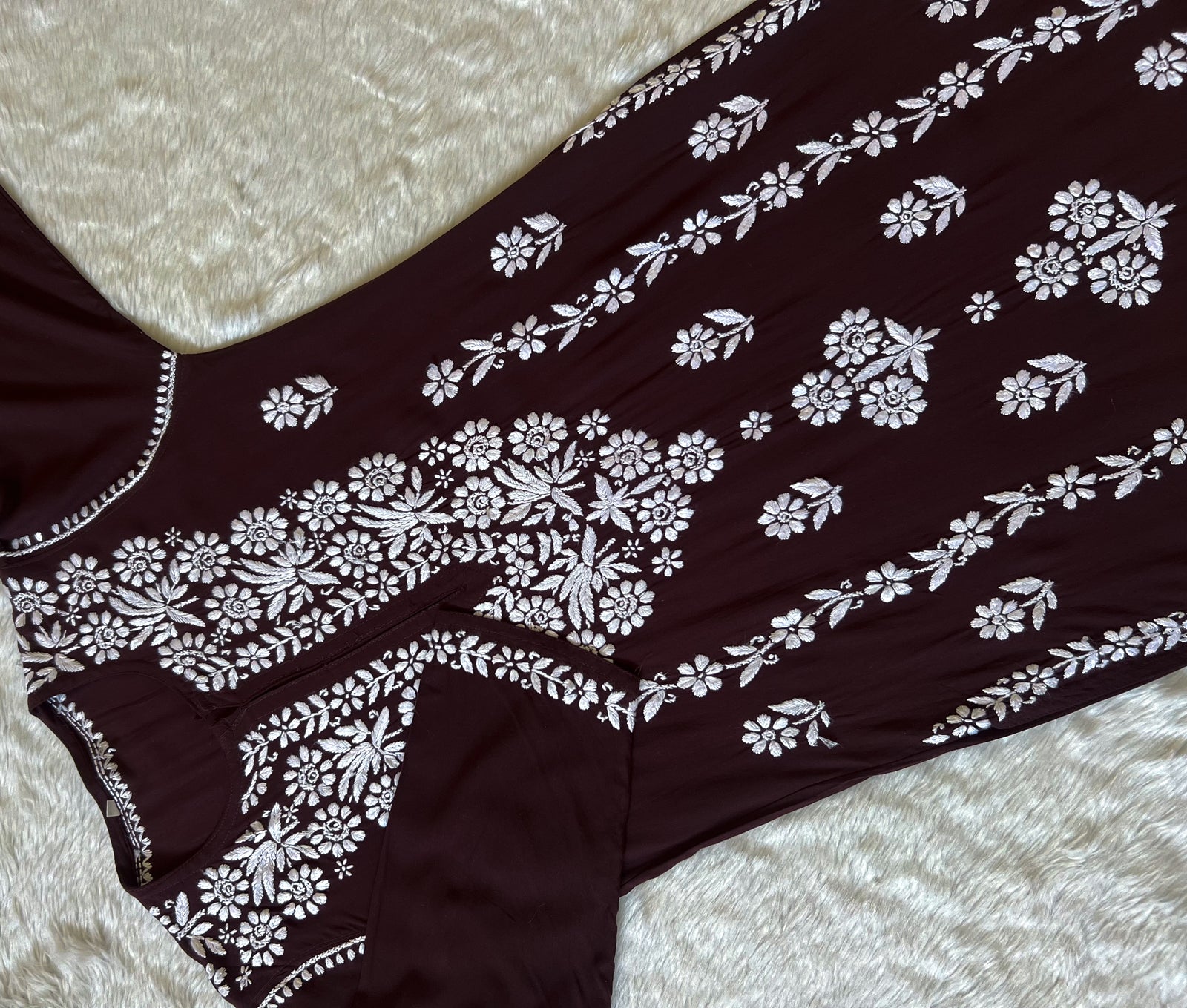 Mira Chocolate Brown Rayon Chikankari Handwork Set