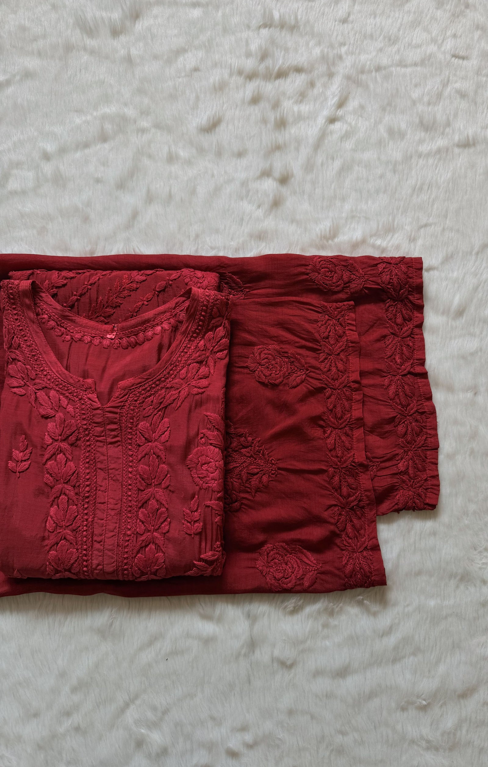 Mira Crimson 3D Chikankari Pure Muslin Silk Kurta Bottom Set