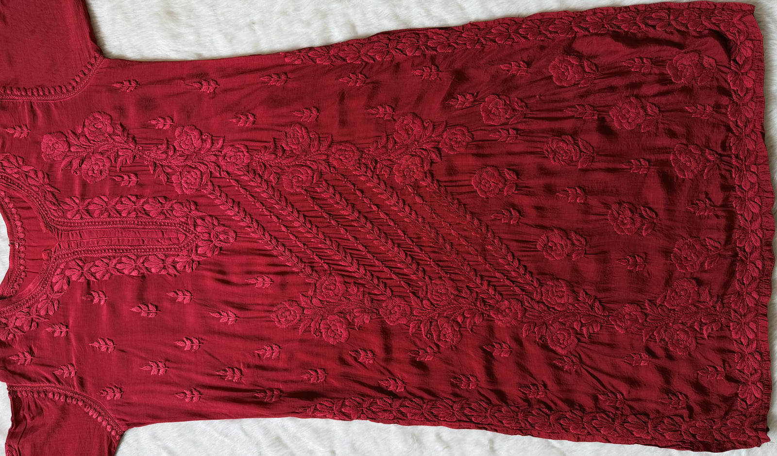Mira Crimson 3D Chikankari Pure Muslin Silk Kurta Bottom Set