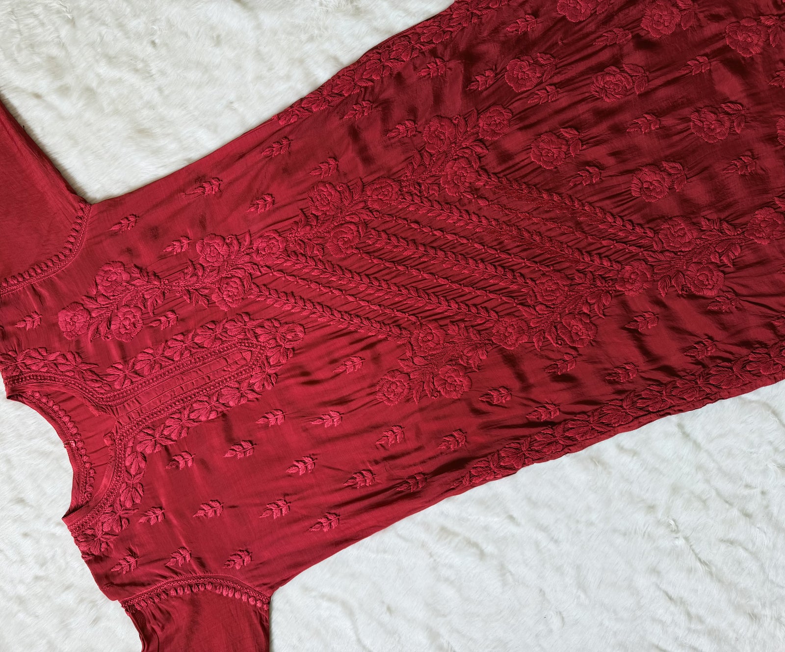 Mira Crimson 3D Chikankari Pure Muslin Silk Kurta Bottom Set