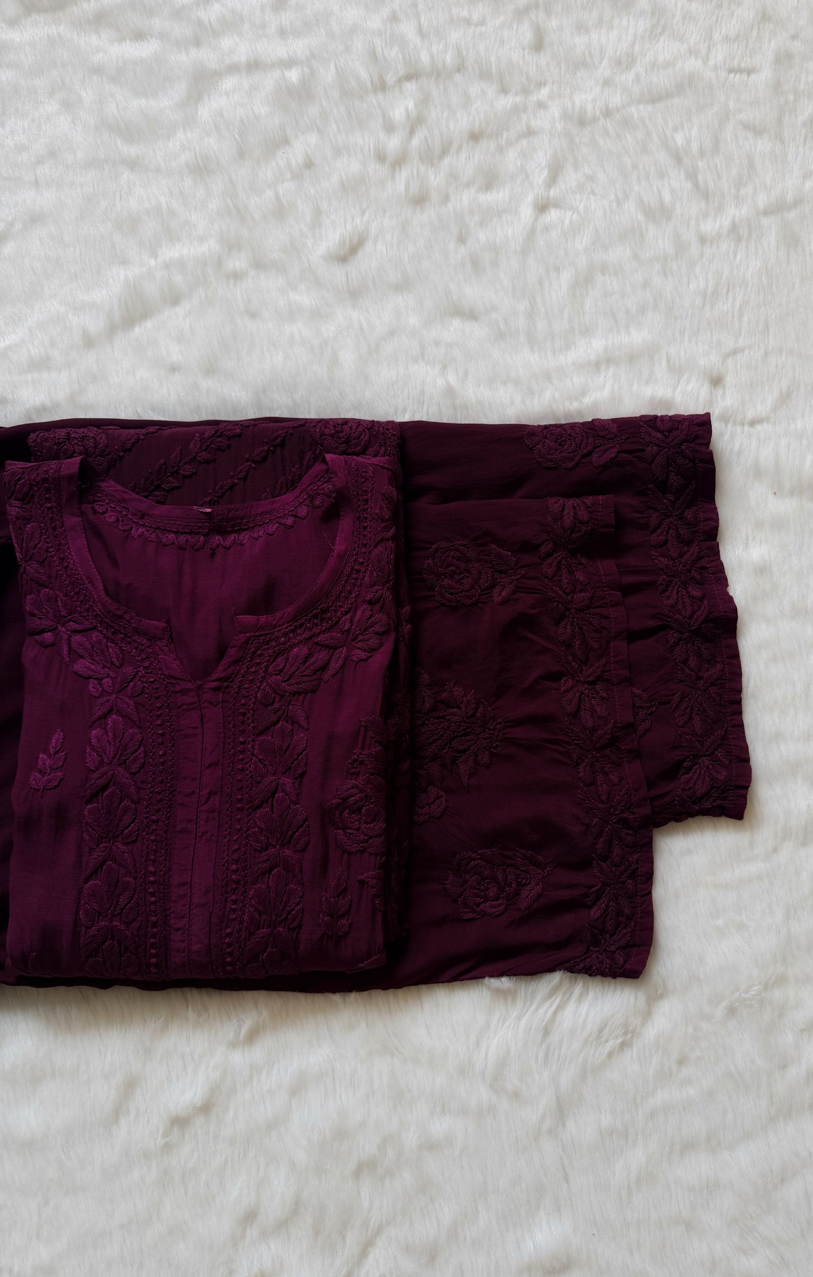 Mira Dark Purple 3D Chikankari Pure Muslin Silk Kurta Bottom Set