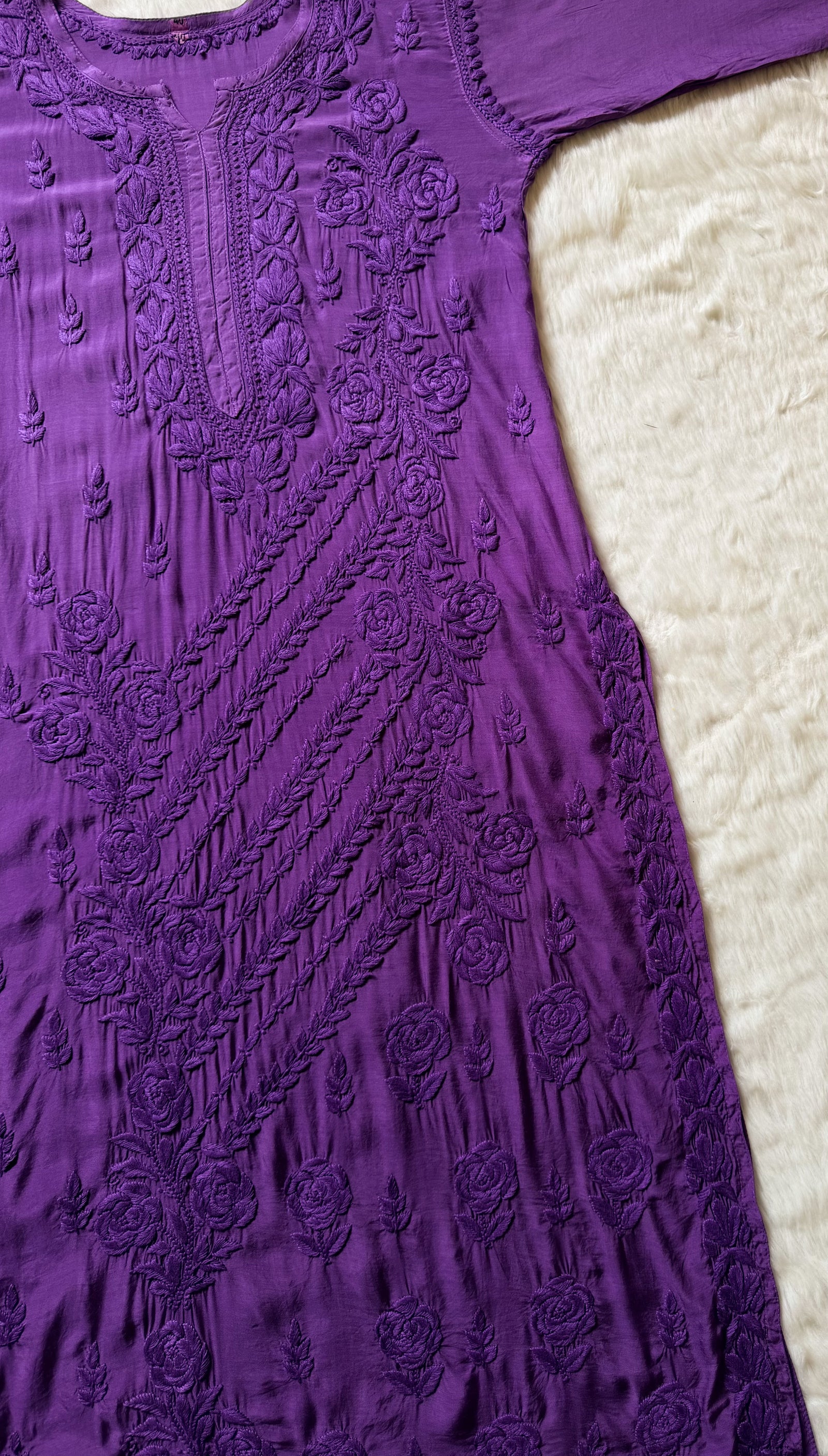 Mira Purple 3D Chikankari Pure Muslin Silk Kurta Bottom Set