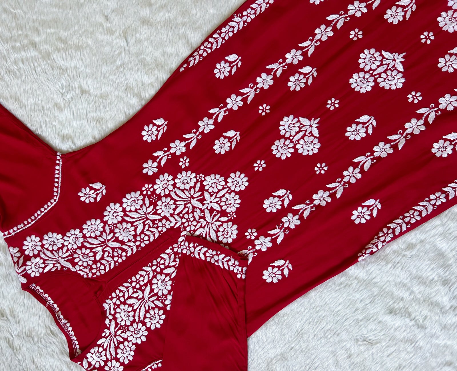 Mira Red Rayon Chikankari Handwork Set