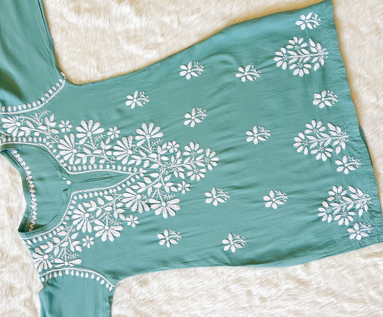 Misty Teal Short Rayon Kurta with White Chikankari