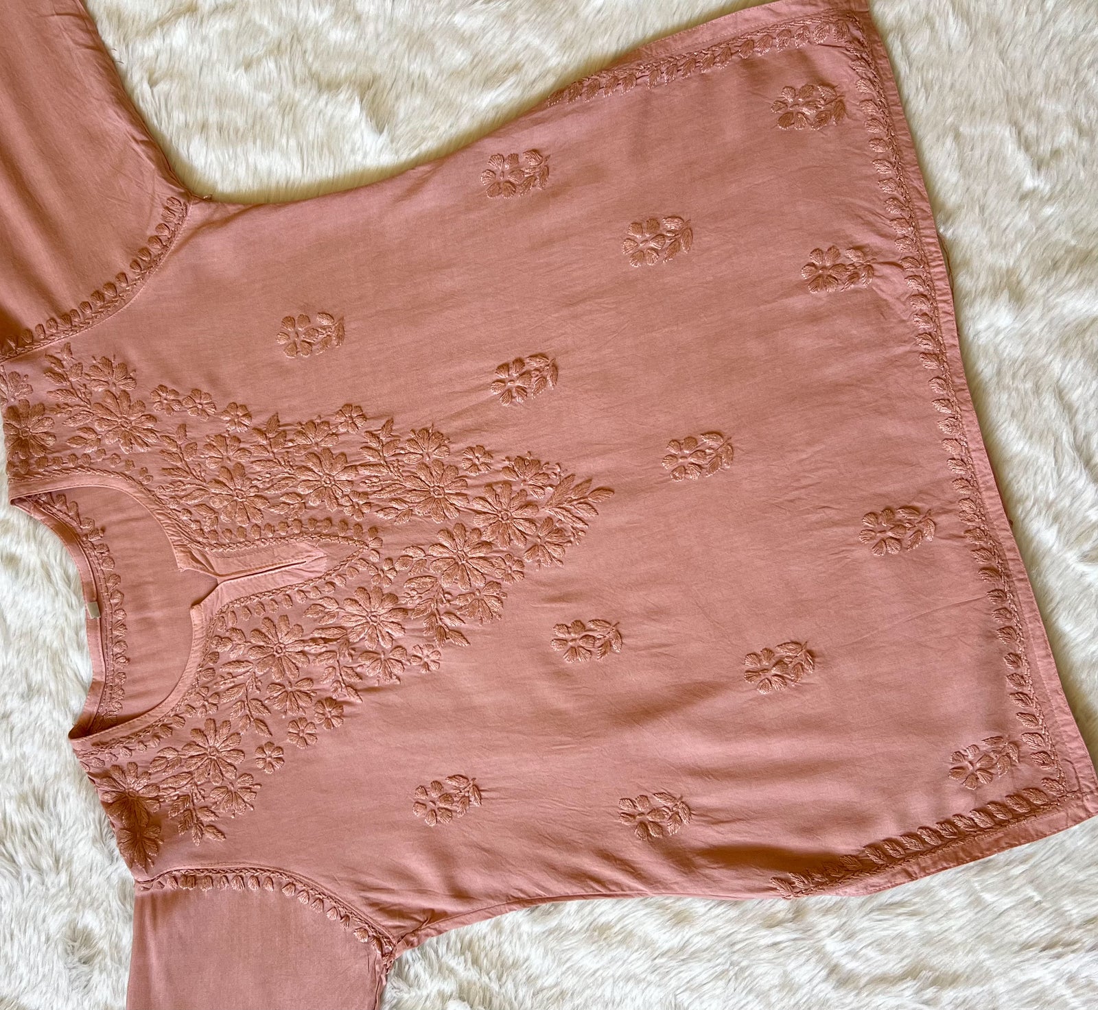 Naaz Beige Short Rayon Kurta with Self Chikankari