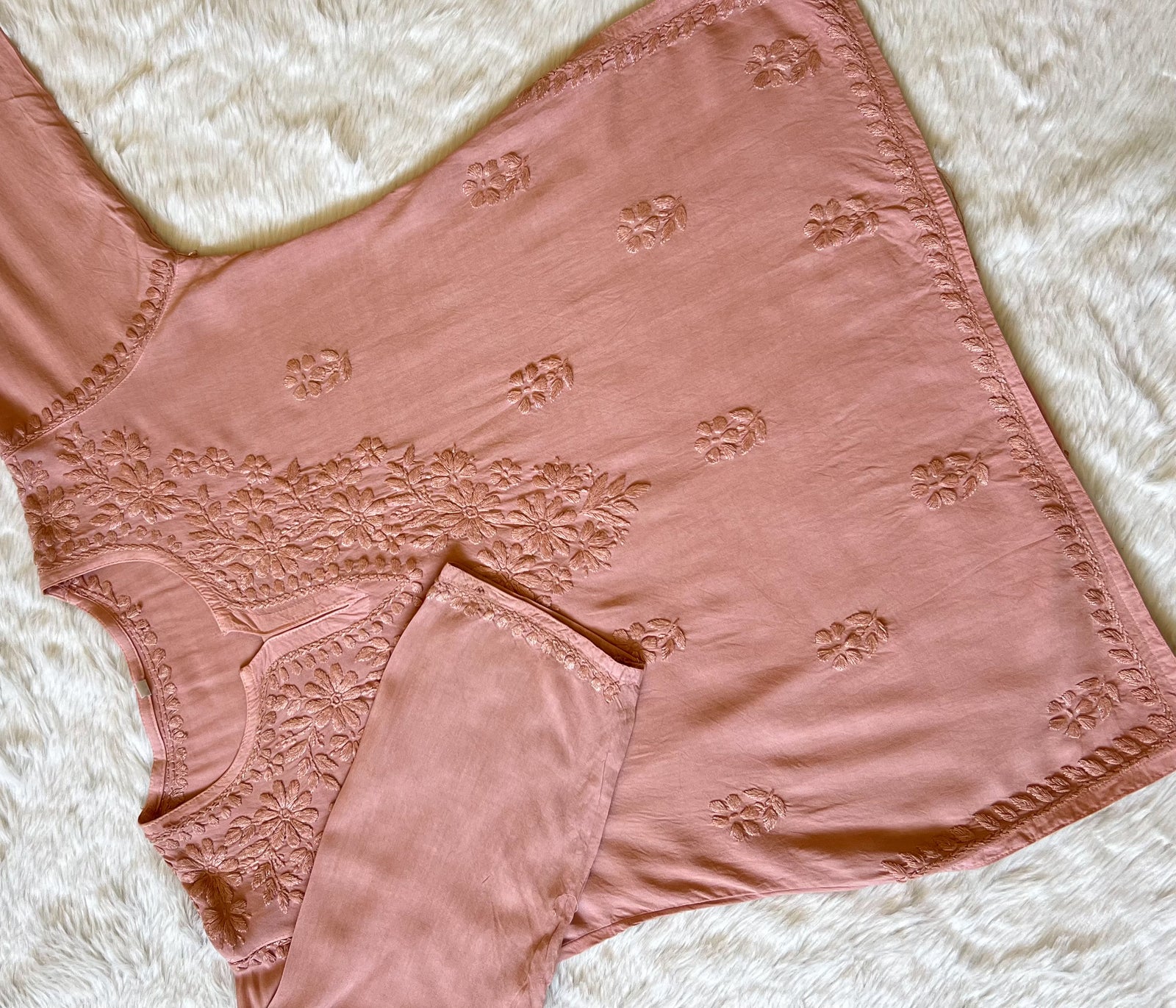 Naaz Beige Short Rayon Kurta with Self Chikankari