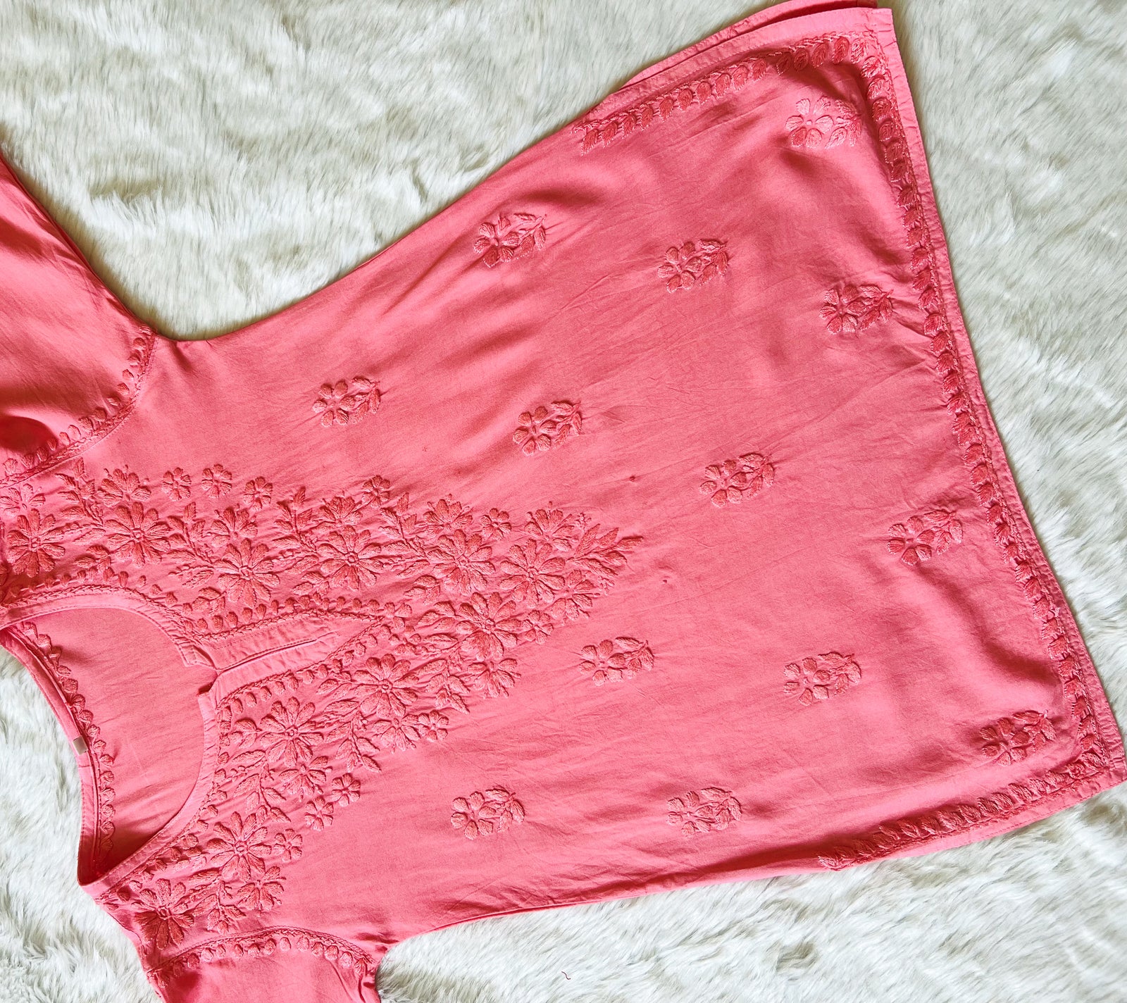 Naaz Coral Short Rayon Kurta with Self Chikankari