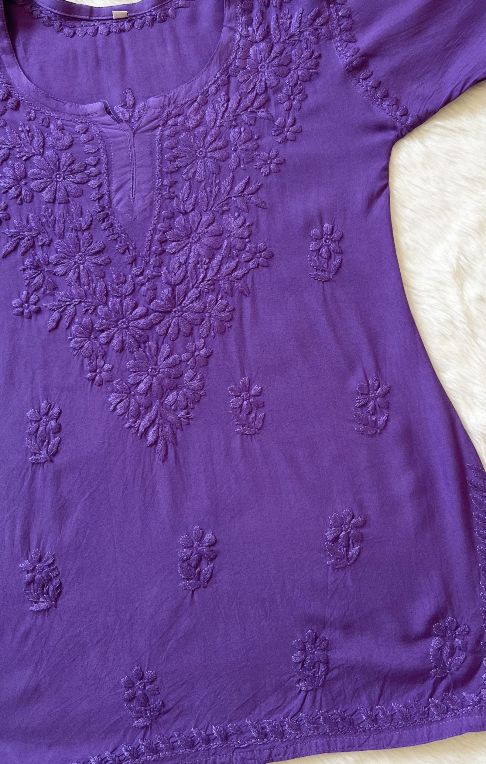 Naaz Lavender Short Rayon Kurta with Self Chikankari