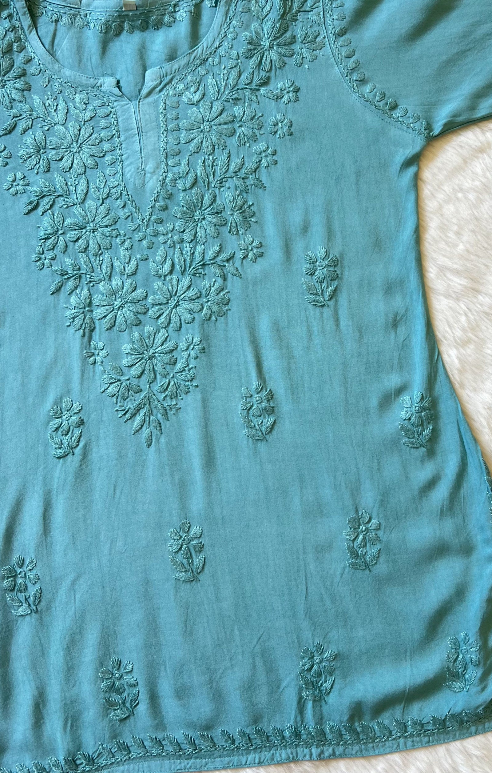 Naaz Misty Teal Short Rayon Kurta with Self Chikankari