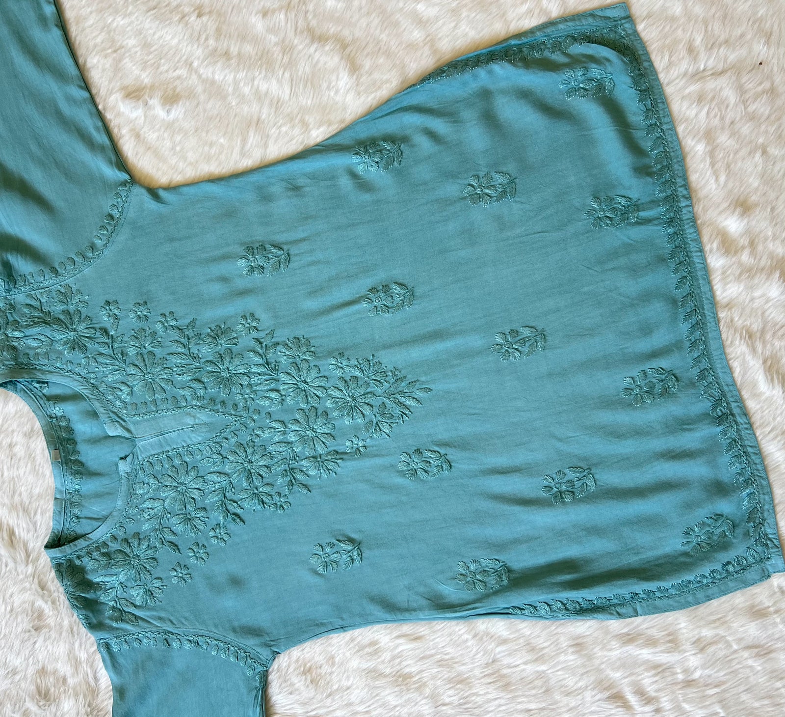 Naaz Misty Teal Short Rayon Kurta with Self Chikankari