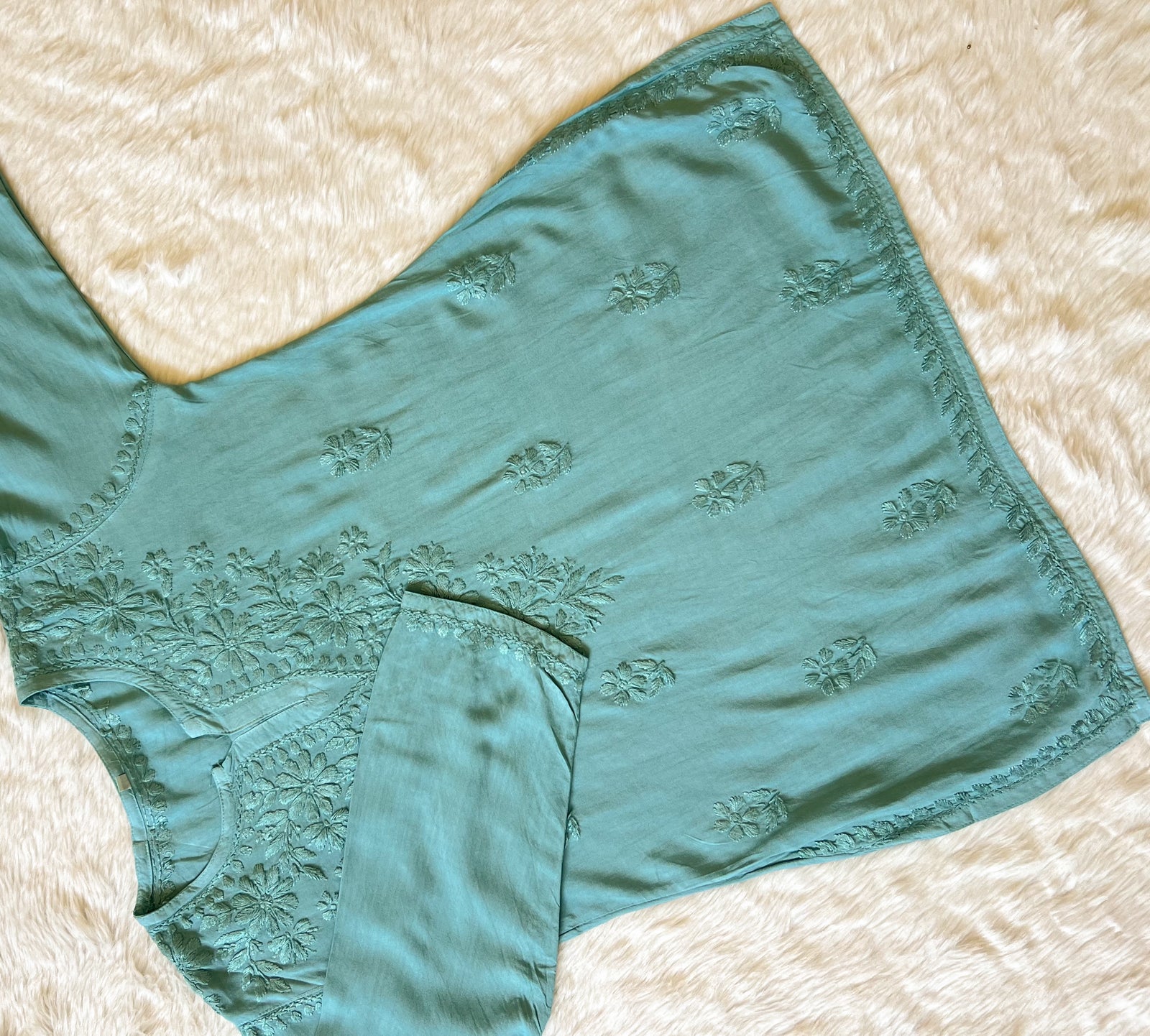 Naaz Misty Teal Short Rayon Kurta with Self Chikankari