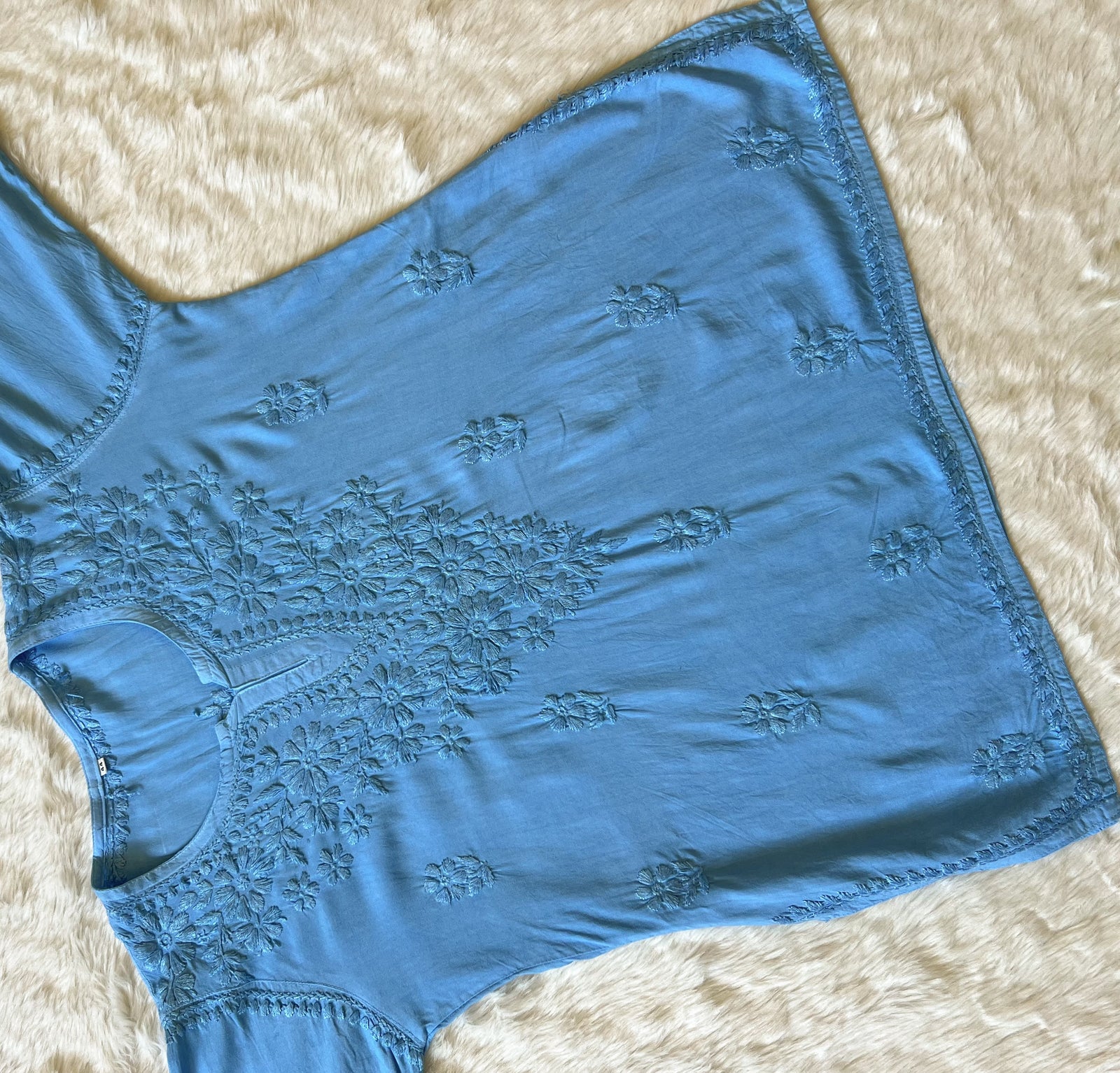 Naaz Sea Blue Short Rayon Kurta with Self Chikankari