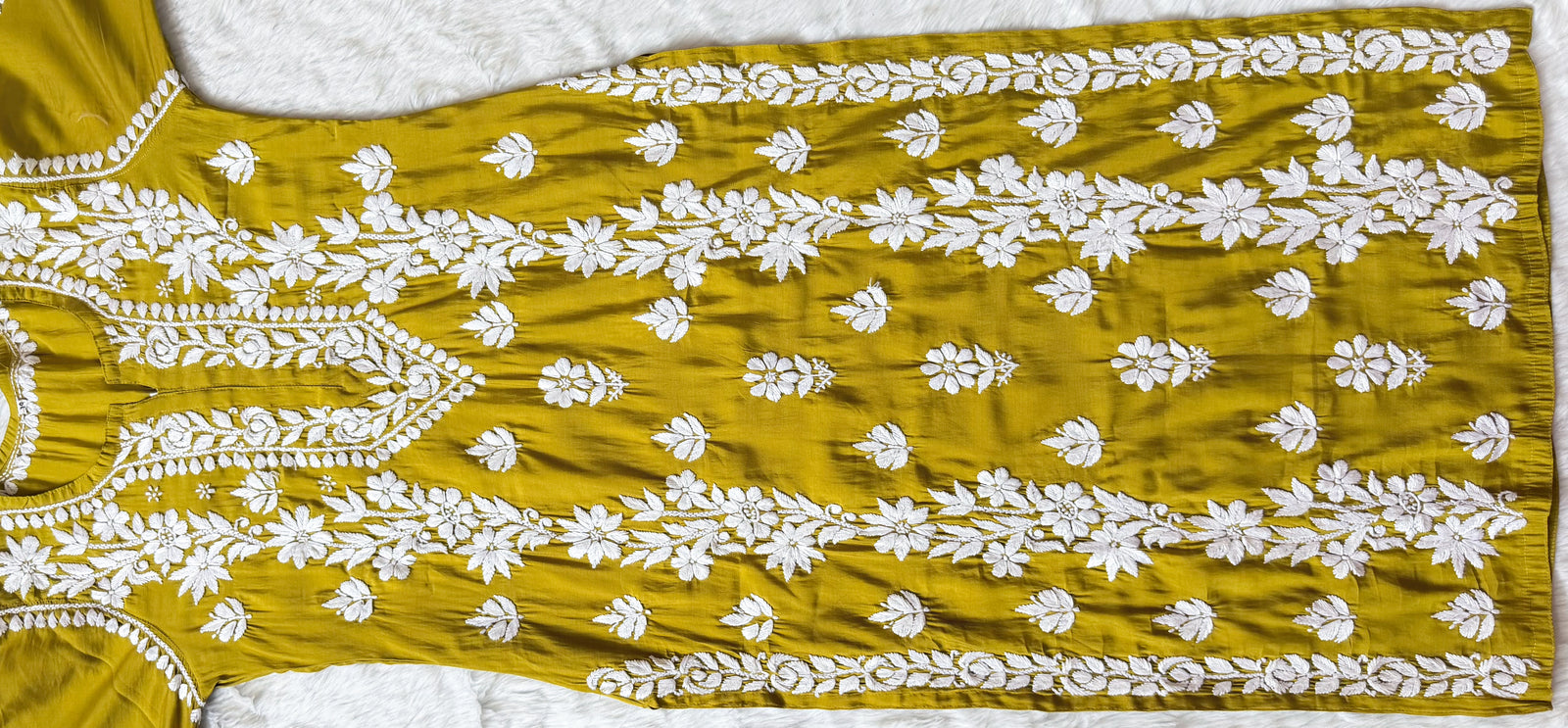 Noor Lime Chanderi Chikankari Long Kurti