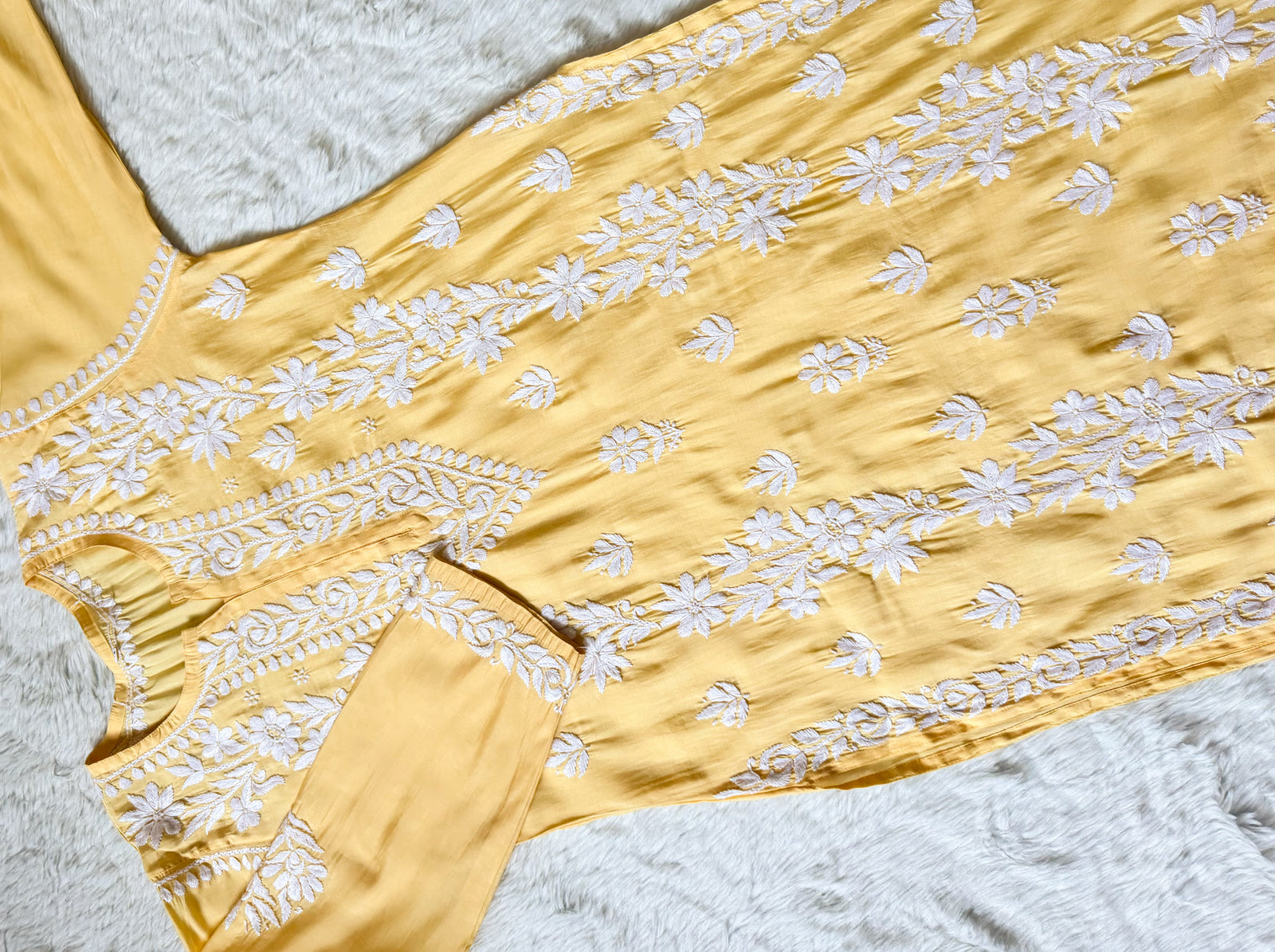 Noor Pastel Yellow Chanderi Chikankari Long Kurti