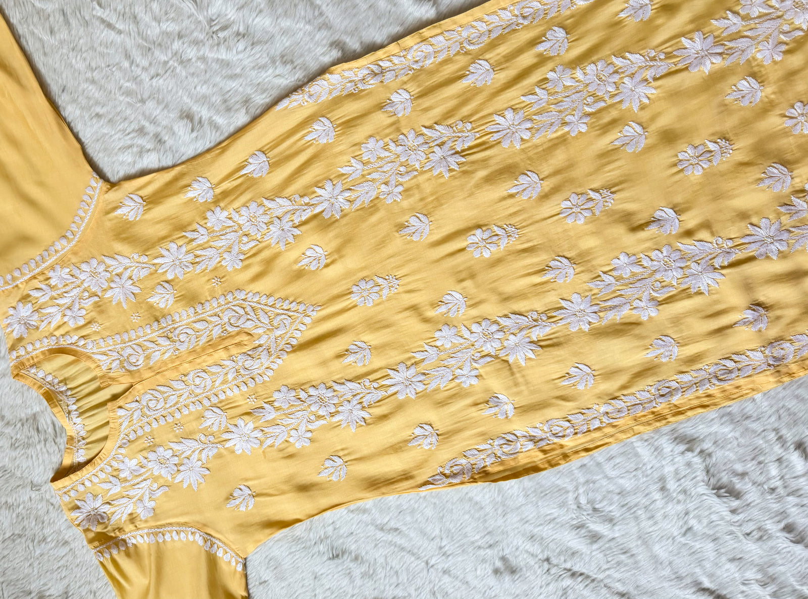 Noor Pastel Yellow Chanderi Chikankari Long Kurti