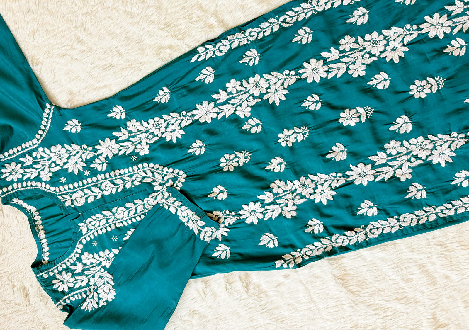 Noor Peacock Blue Chanderi Chikankari Long Kurti