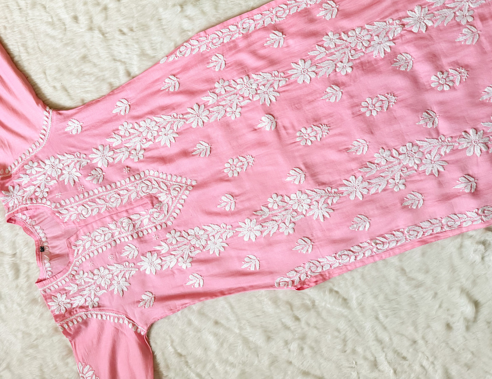 Noor Pink Chanderi Chikankari Long Kurti
