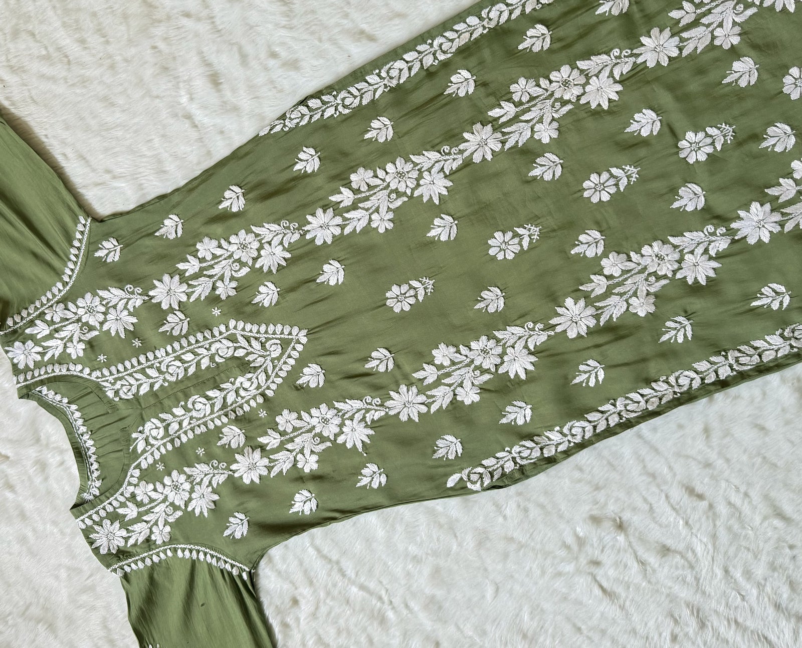 Noor Sage Green Chanderi Chikankari Long Kurti