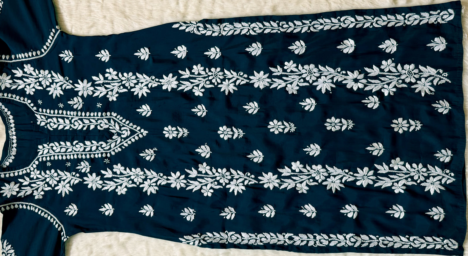 Noor Teal Chanderi Chikankari Long Kurti