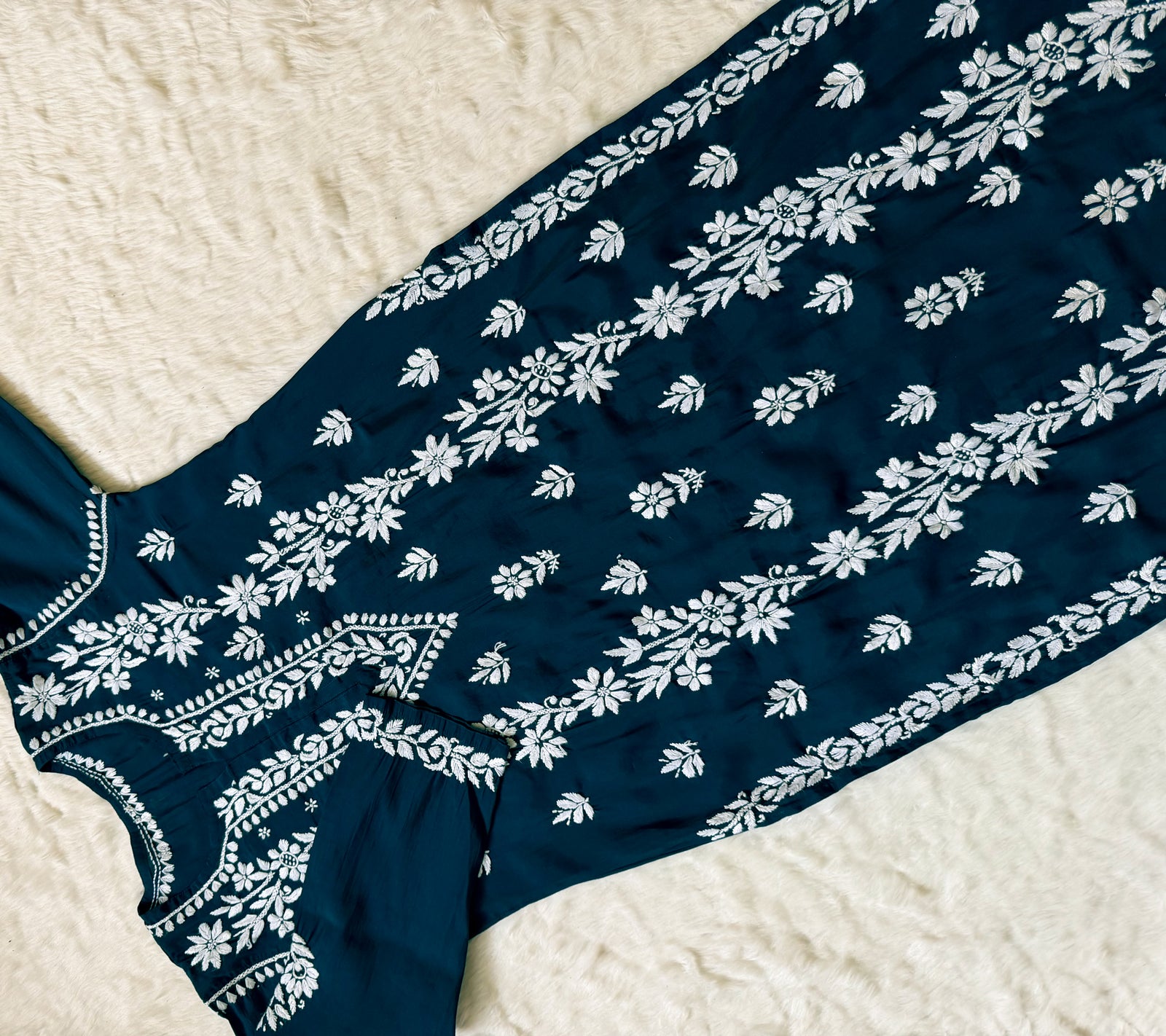 Noor Teal Chanderi Chikankari Long Kurti