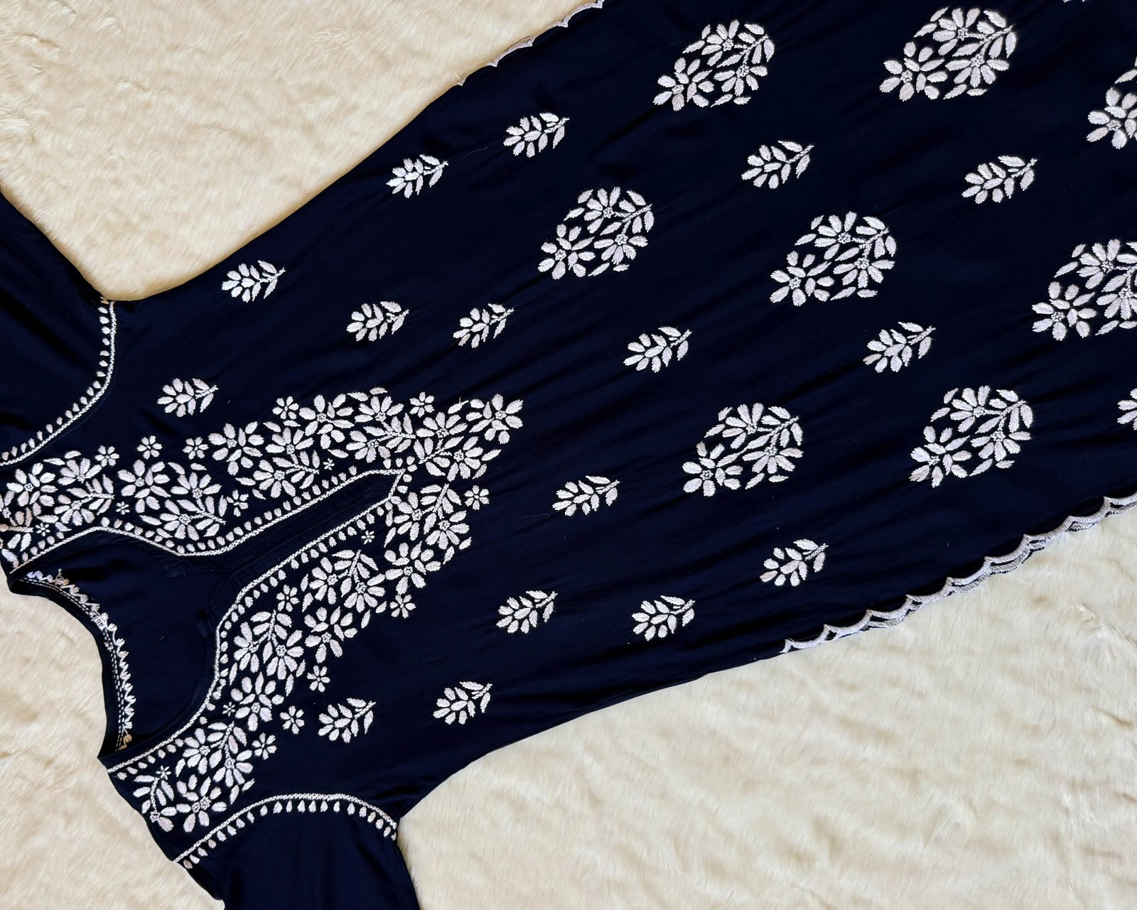 Nyra Navy Blue Rayon Kurta Bottom Set with White Chikankari
