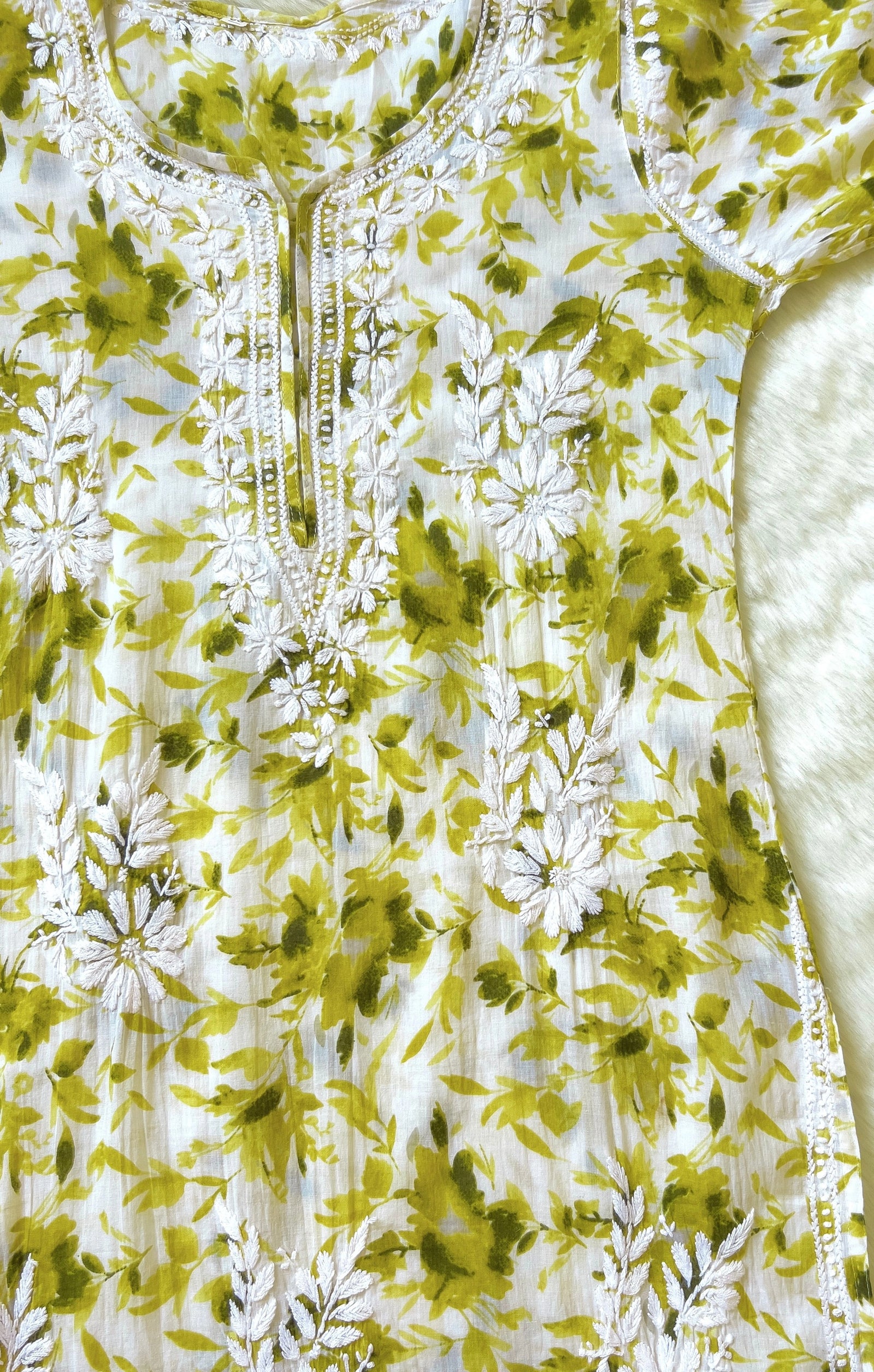 Olive Green Printed MulMul Kurta with Heavy Chikankari