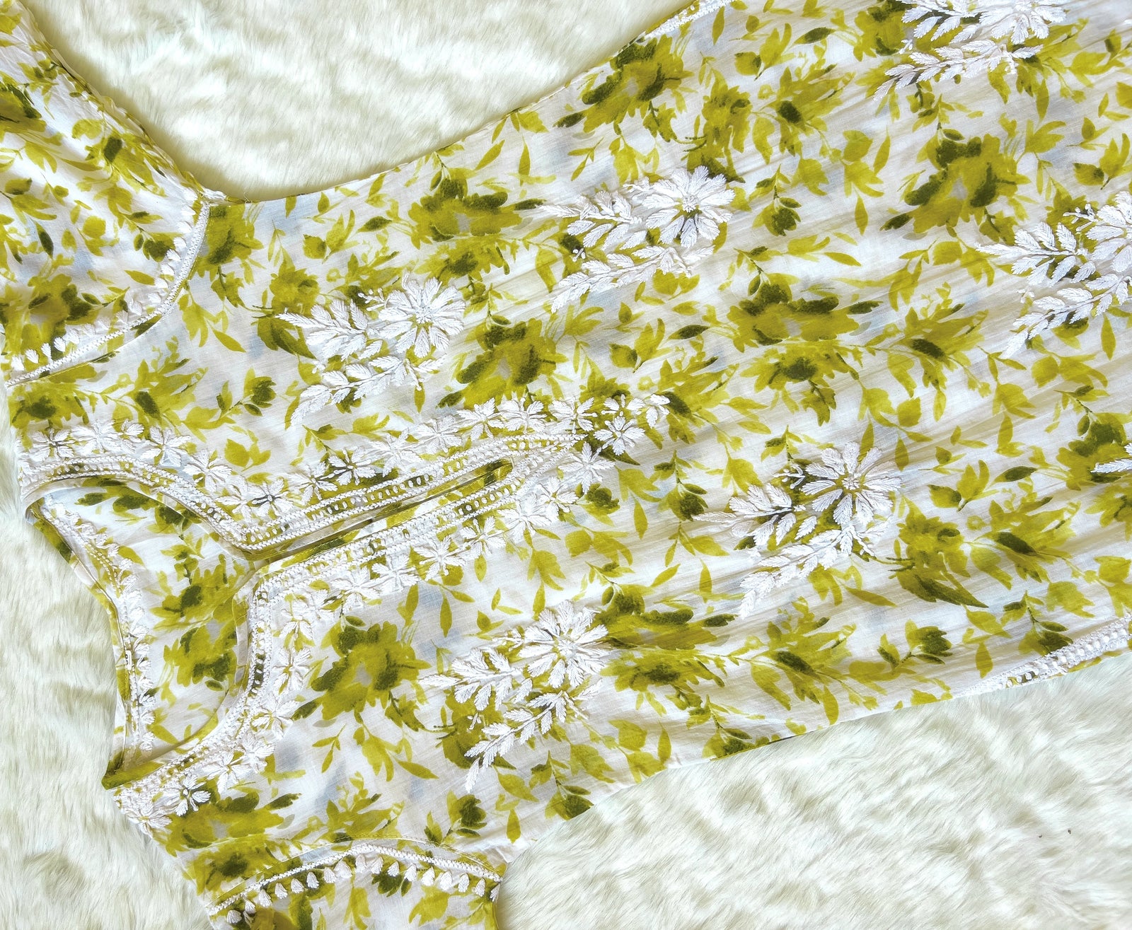 Olive Green Printed MulMul Kurta with Heavy Chikankari