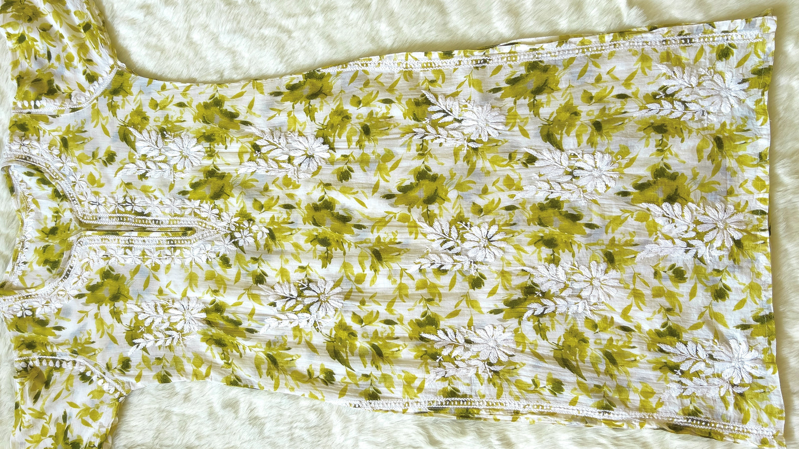 Olive Green Printed MulMul Kurta with Heavy Chikankari