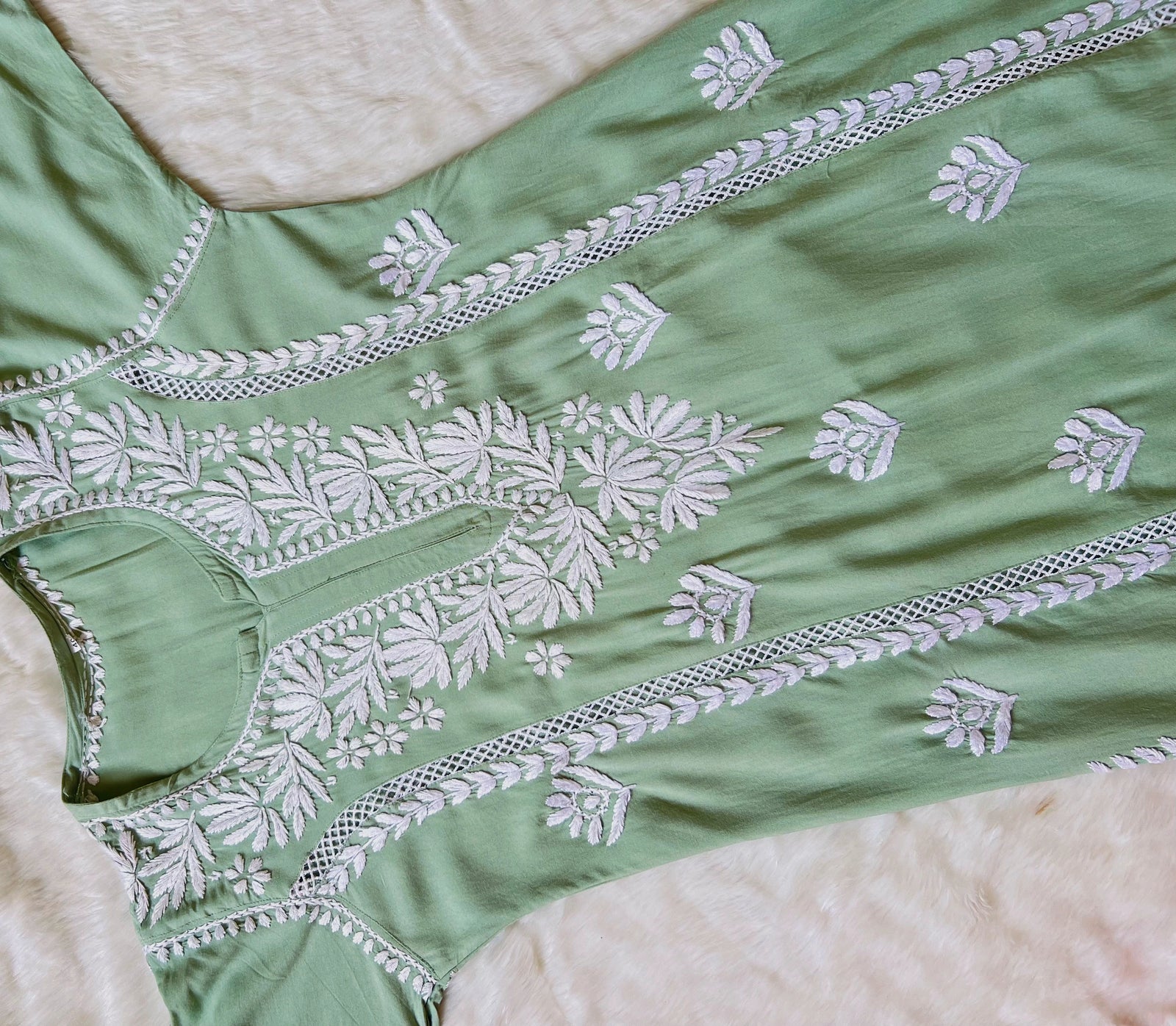 Pastel Green Long Lace Rayon Chikankari Kurta