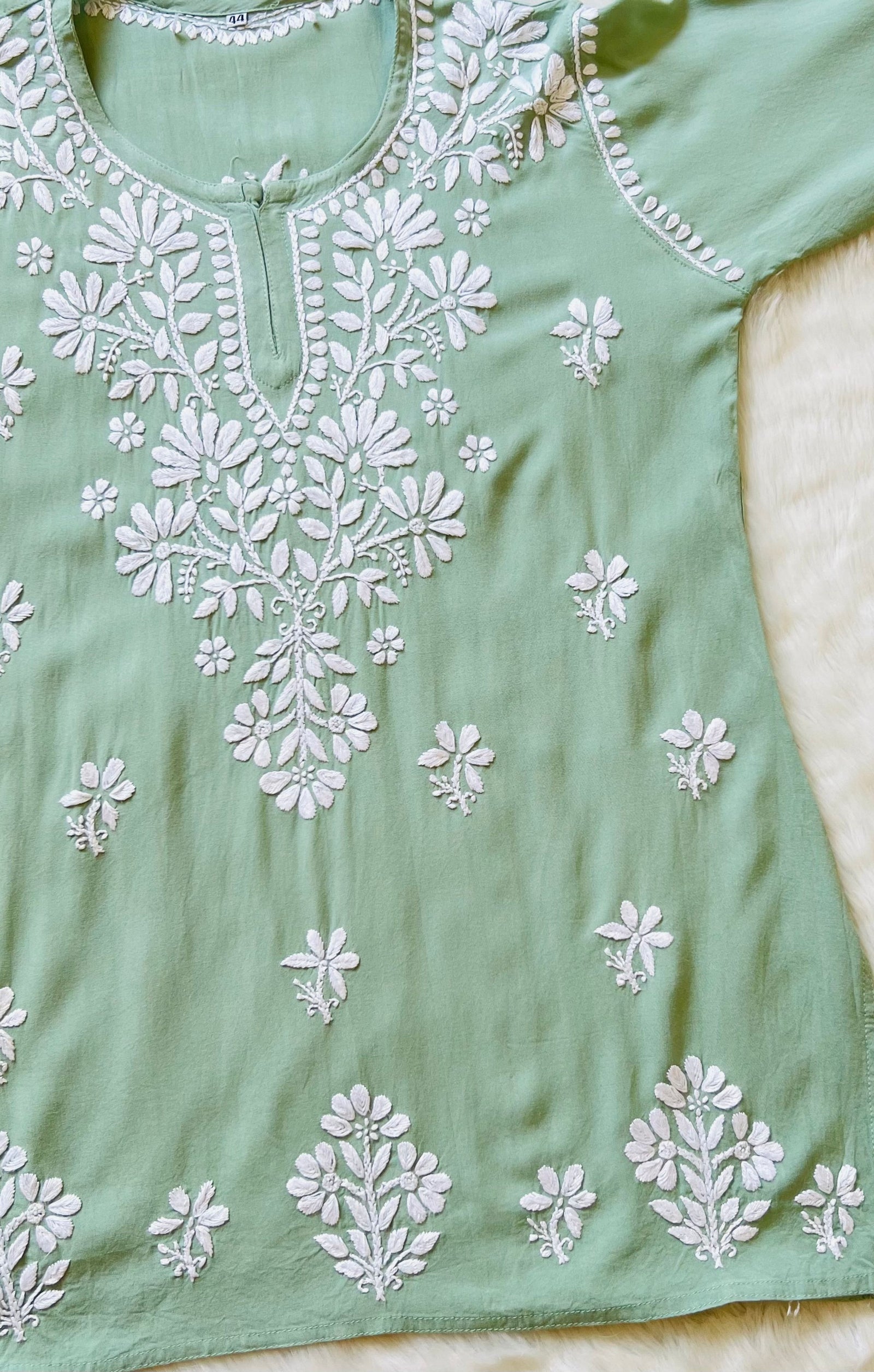 Pastel Green Short Rayon Kurta with White Chikankari