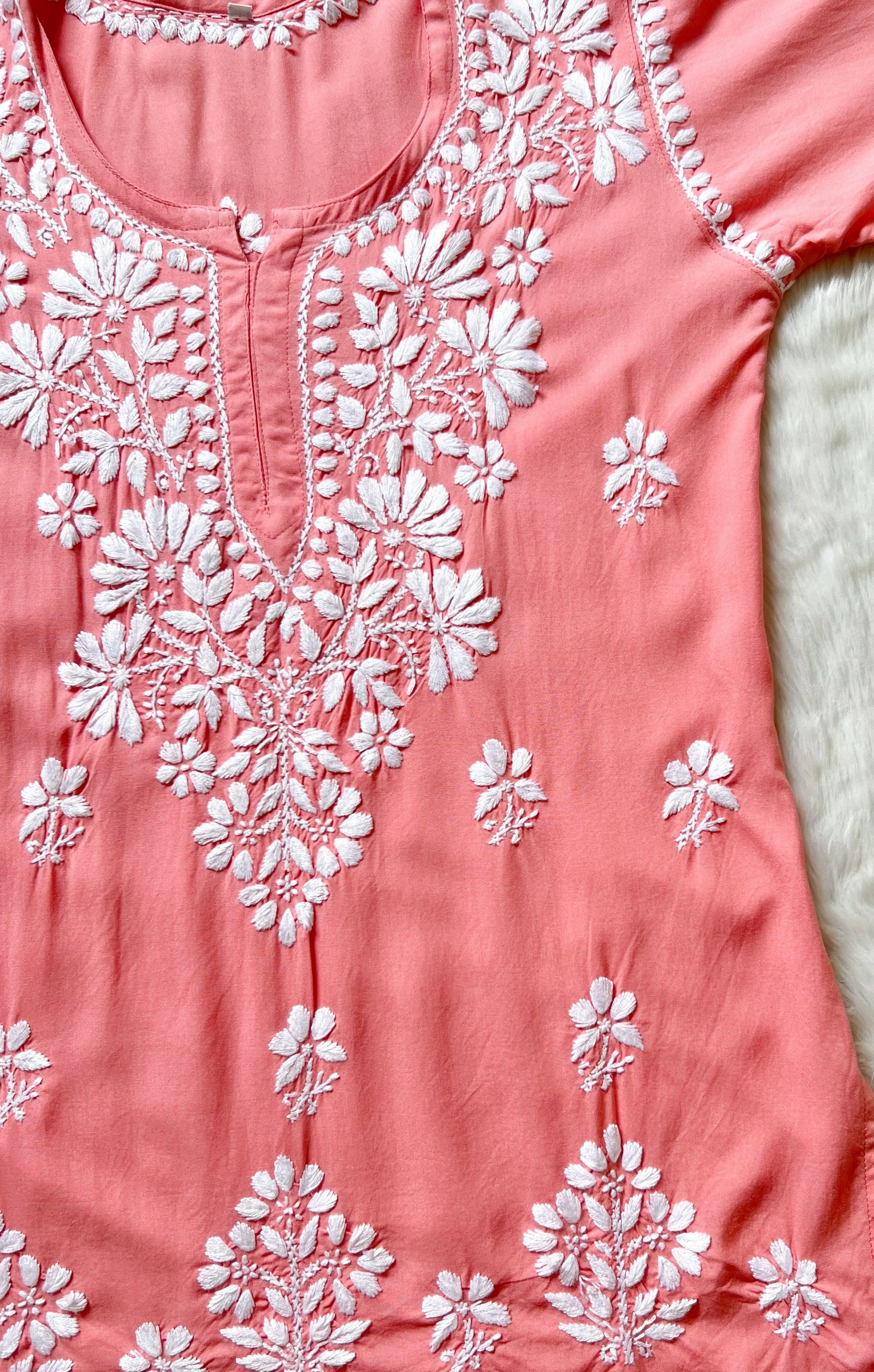 Peach Short Rayon Kurta with White Chikankari