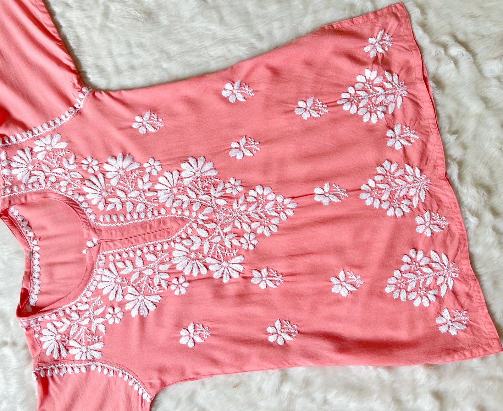 Peach Short Rayon Kurta with White Chikankari