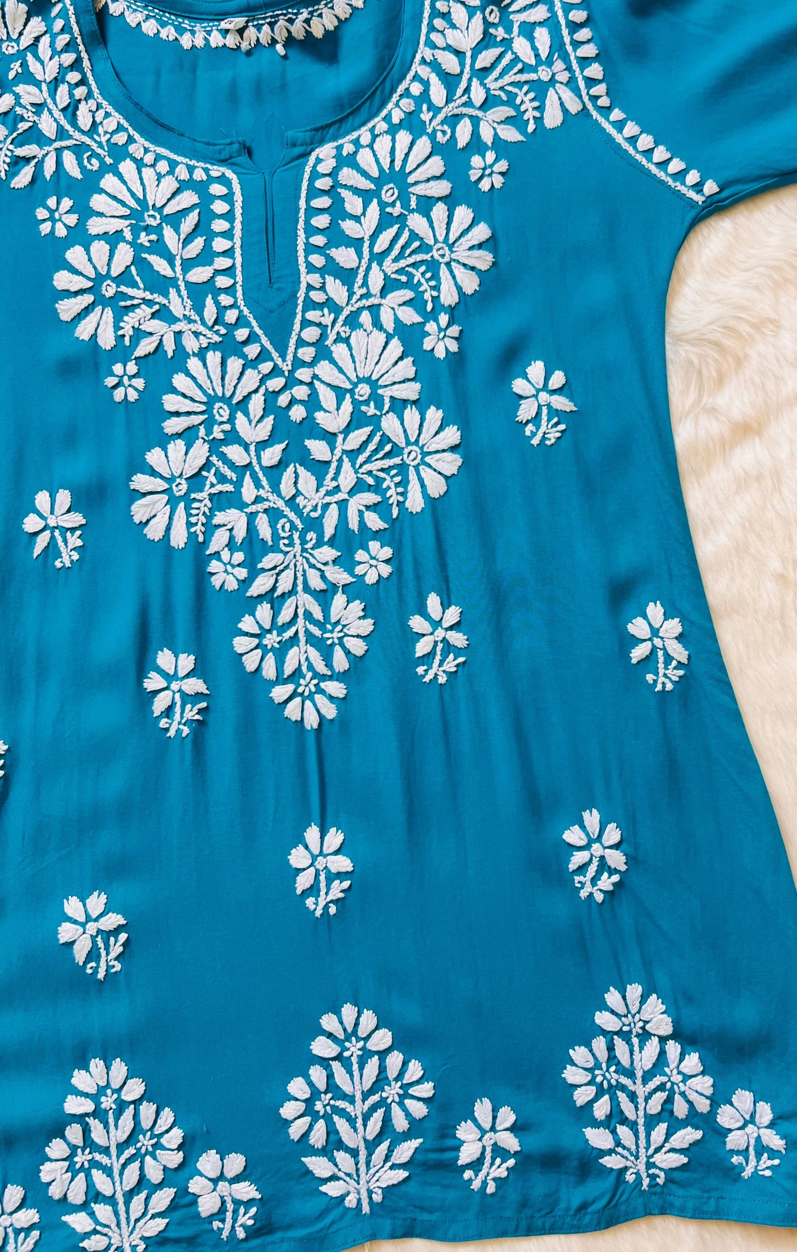 Peacock Blue Short Rayon Kurta with White Chikankari