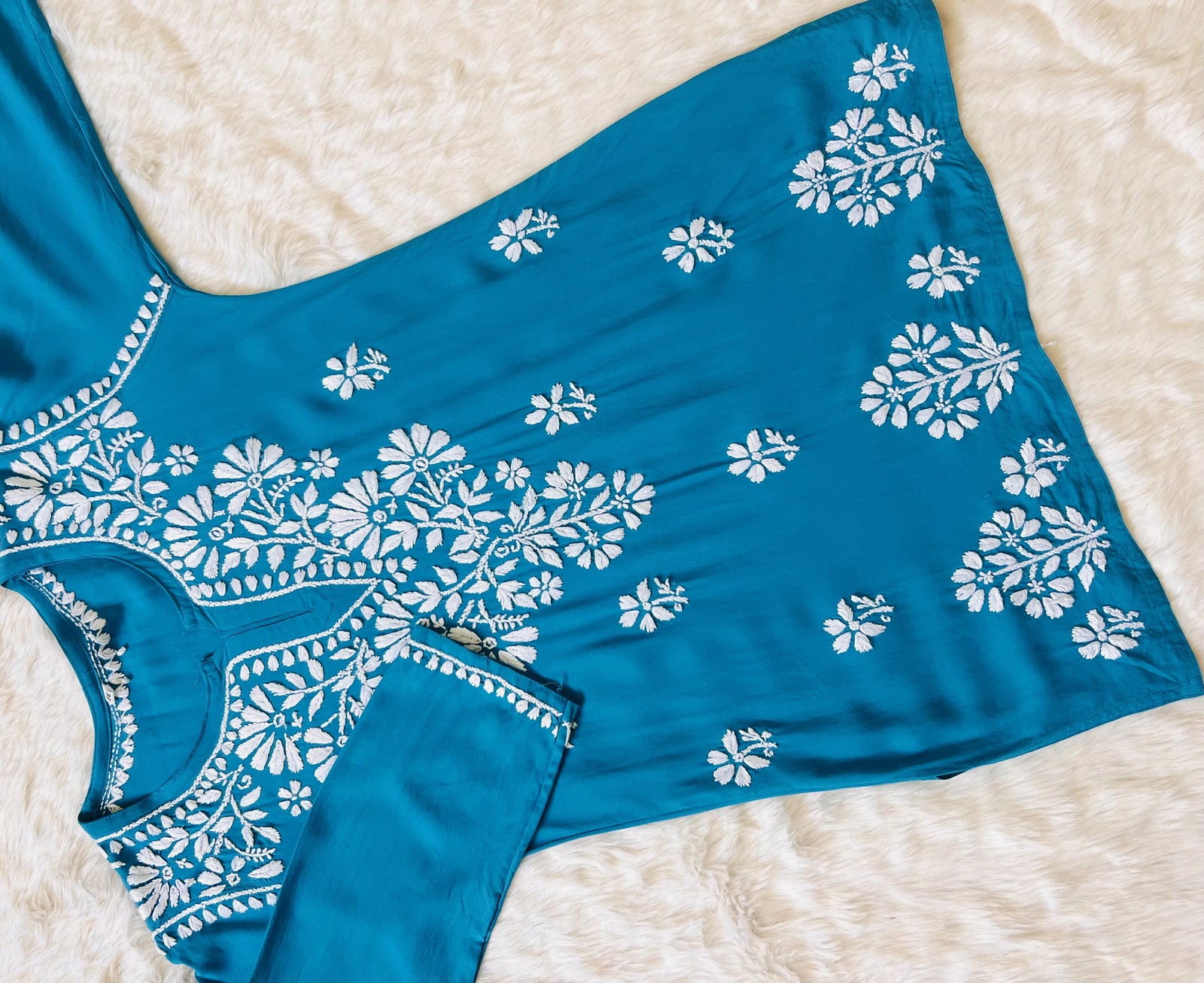 Peacock Blue Short Rayon Kurta with White Chikankari