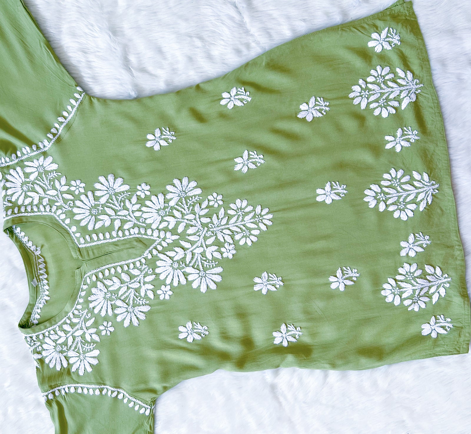 Pista Green Short Rayon Kurta with White Chikankari