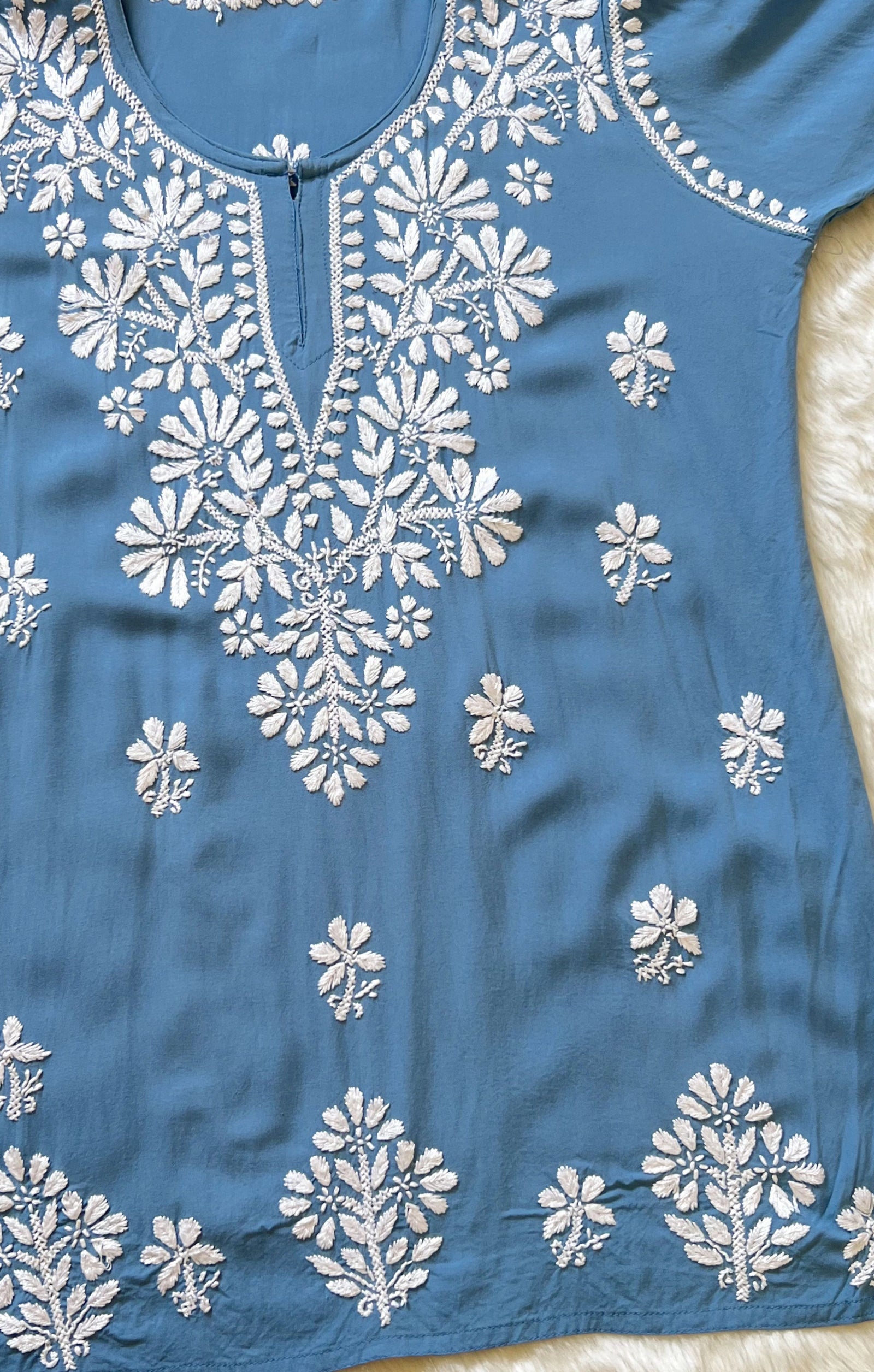 Powder Blue Short Rayon Kurta with White Chikankari