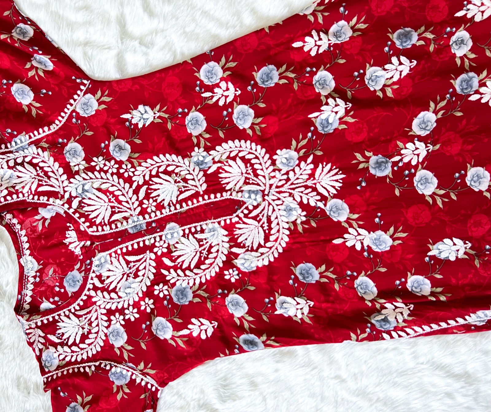 Red Floral Long Rayon Chikankari Kurta
