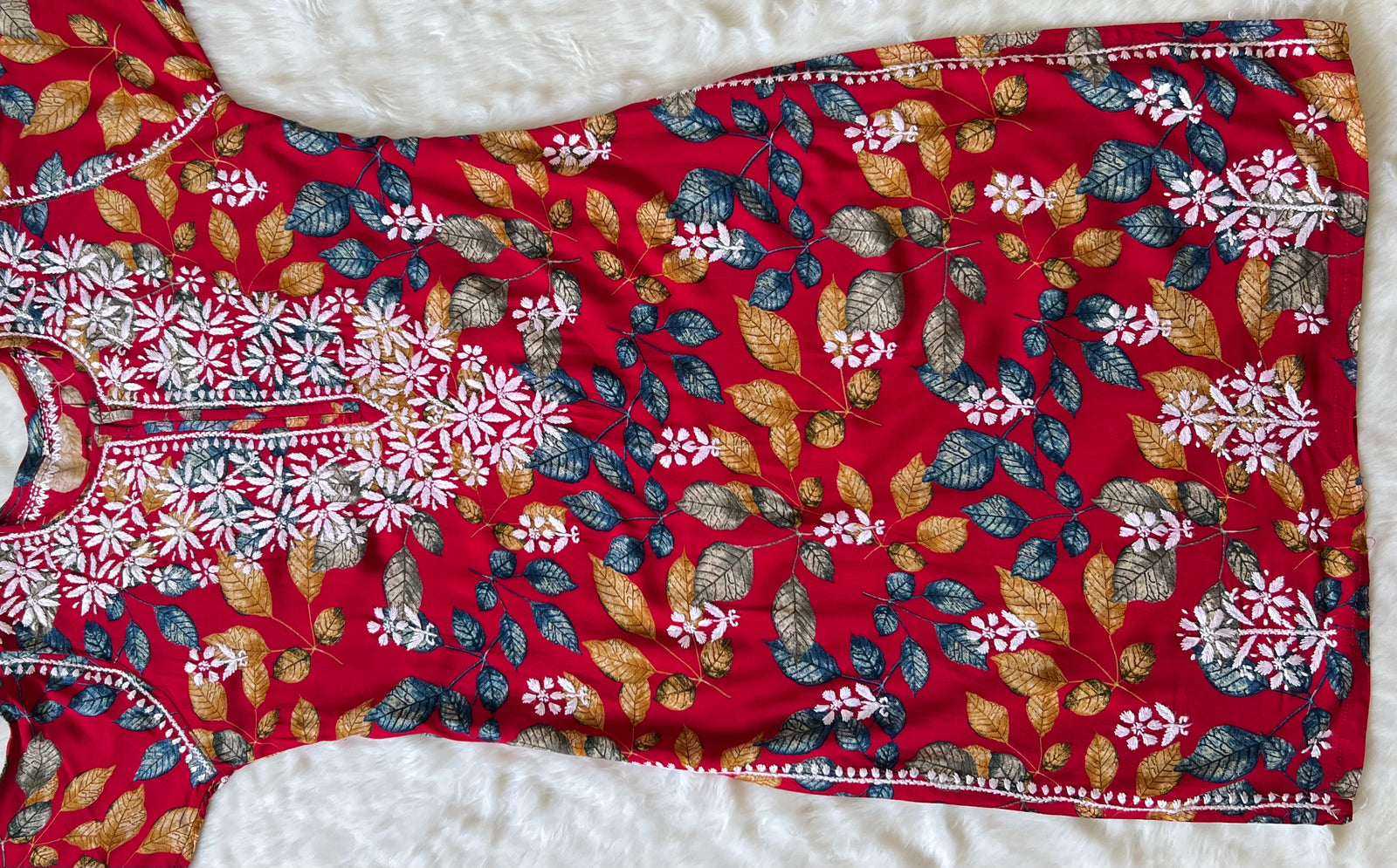 Red Leaf Printed Long Rayon Kurta