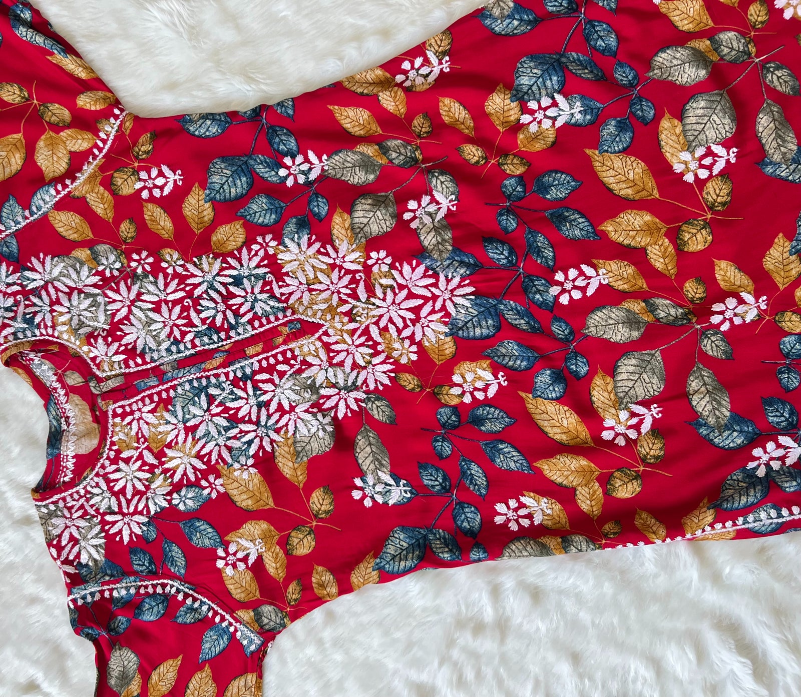 Red Leaf Printed Long Rayon Kurta