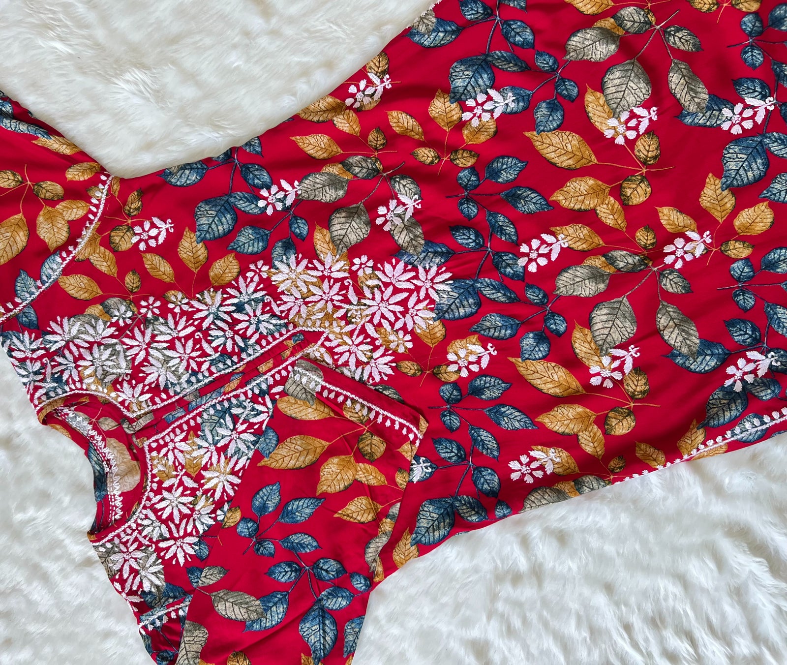 Red Leaf Printed Long Rayon Kurta