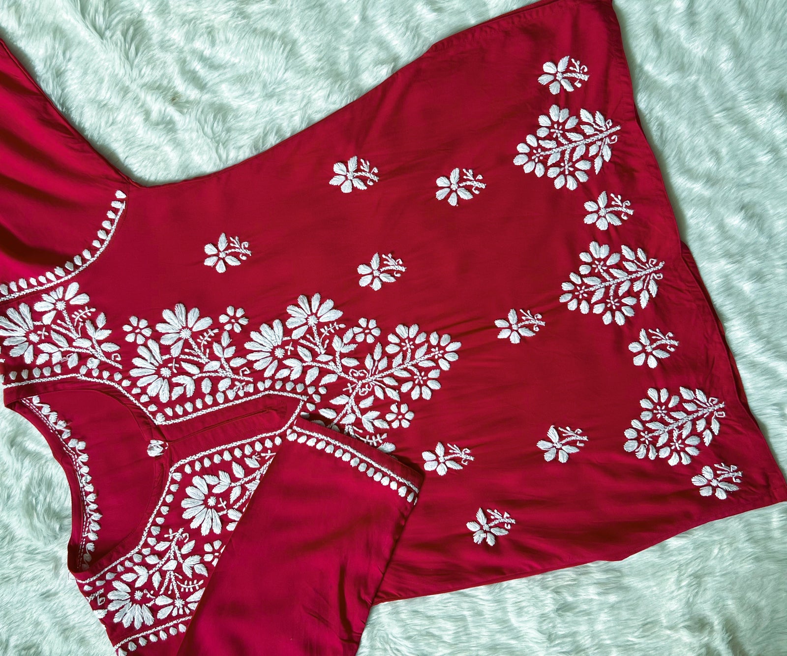 Red Short Rayon Kurta with White Chikankari